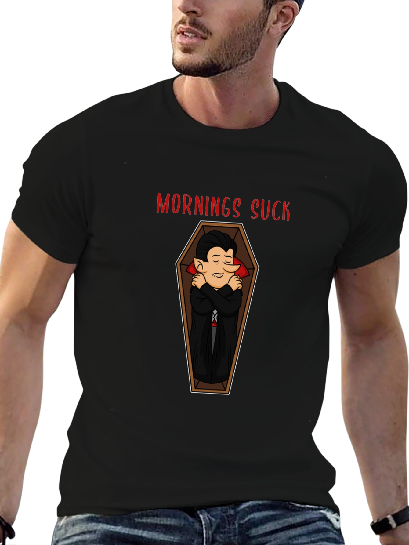 Mornings Suck Vampire Coffin Graphic Tee