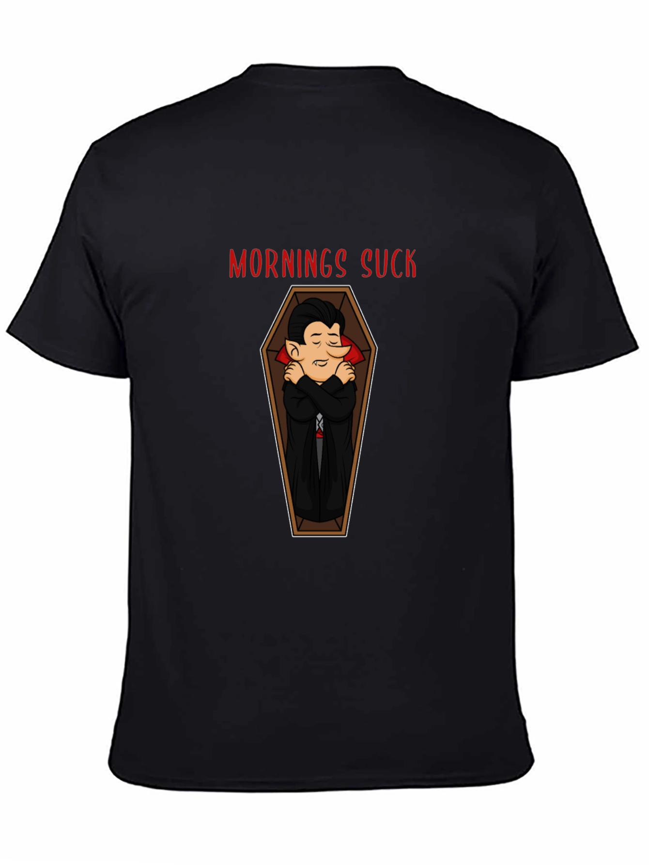 Mornings Suck Vampire Coffin Graphic Tee