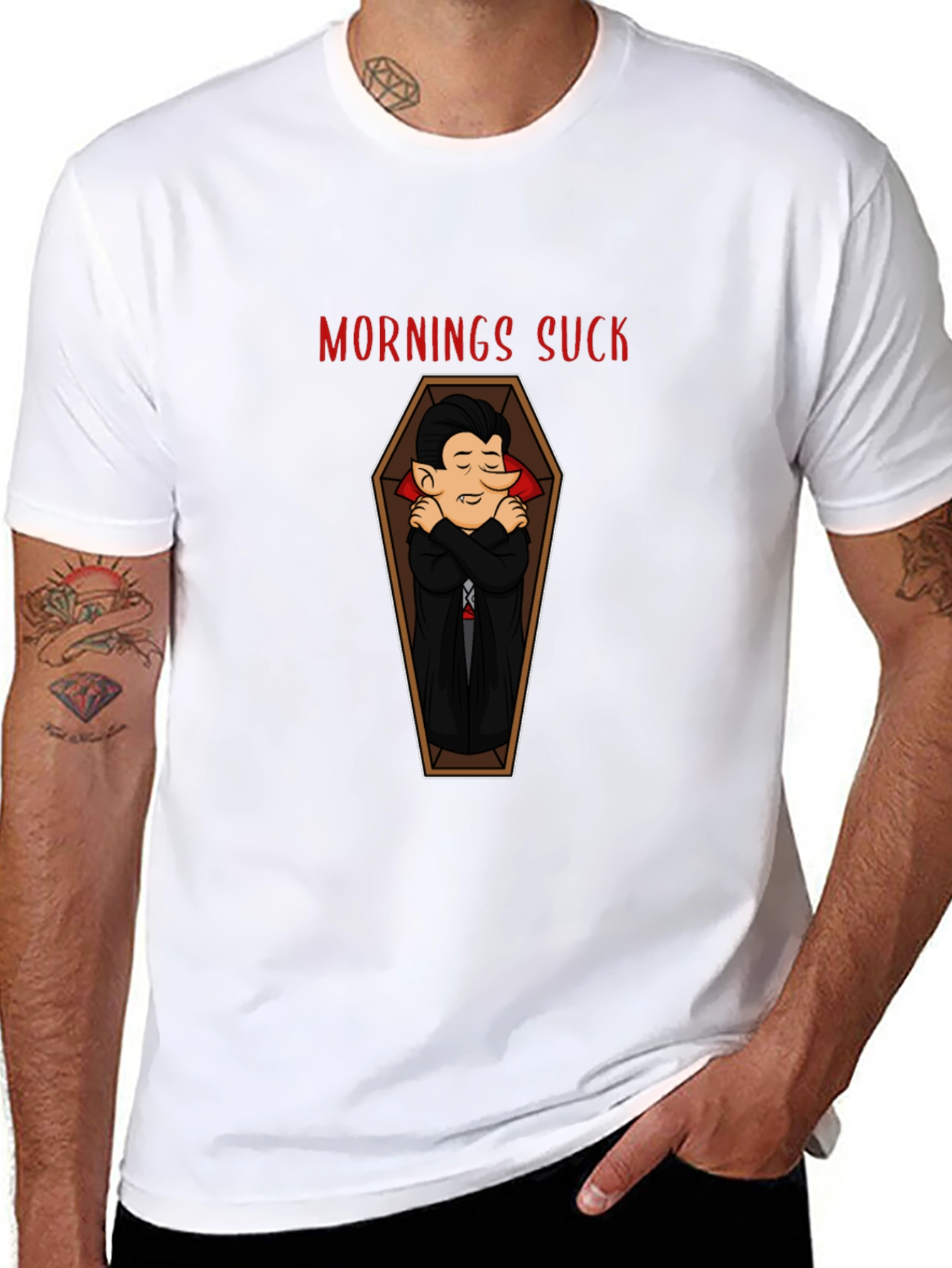 Mornings Suck Vampire Coffin Graphic Tee