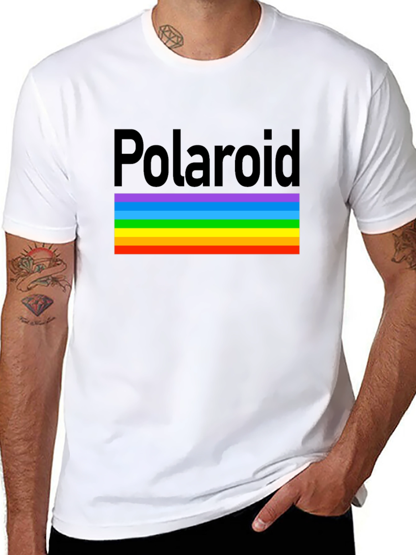 Polaroid Rainbow Stripe Graphic Black T-Shirt