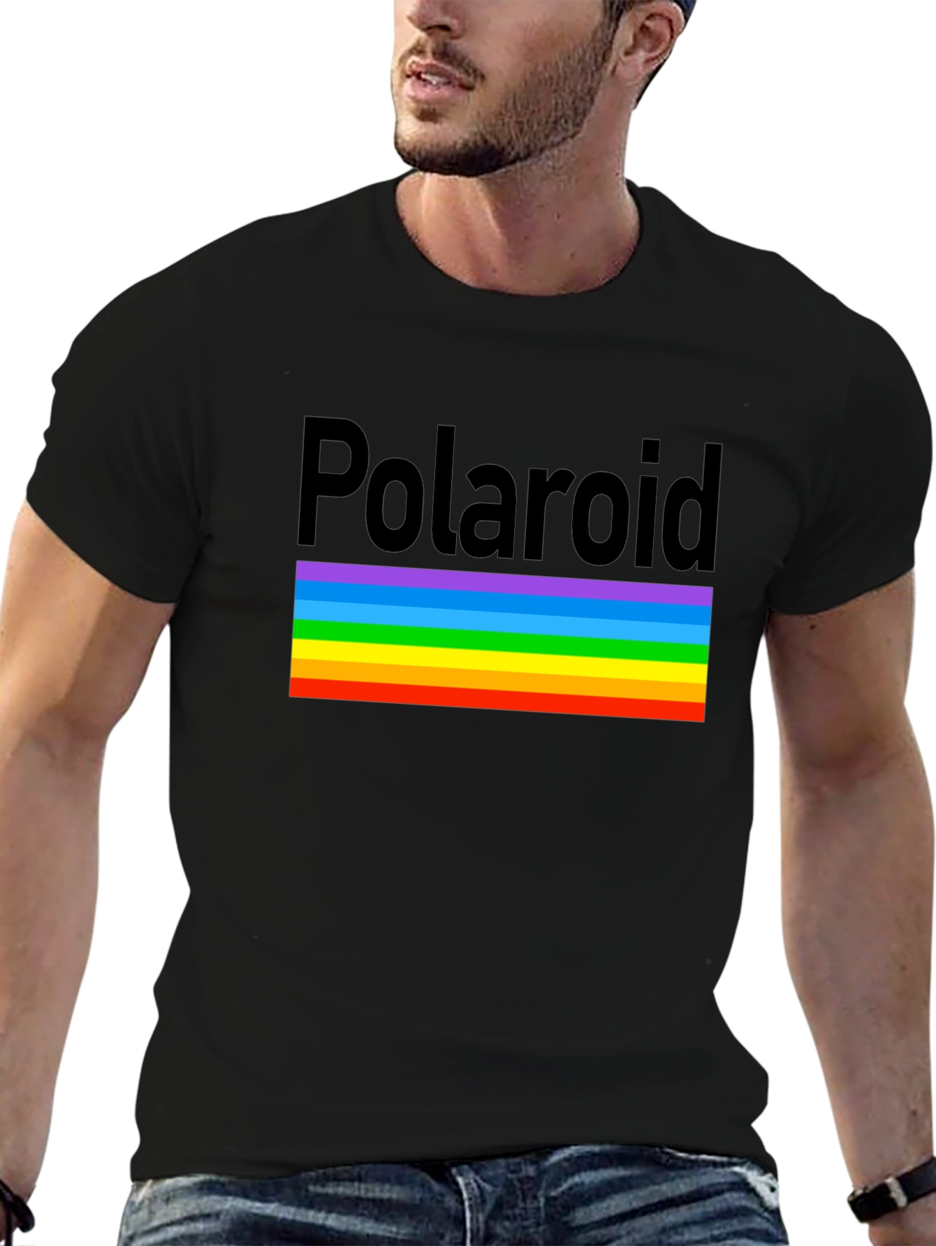 Polaroid Rainbow Stripe Graphic Black T-Shirt