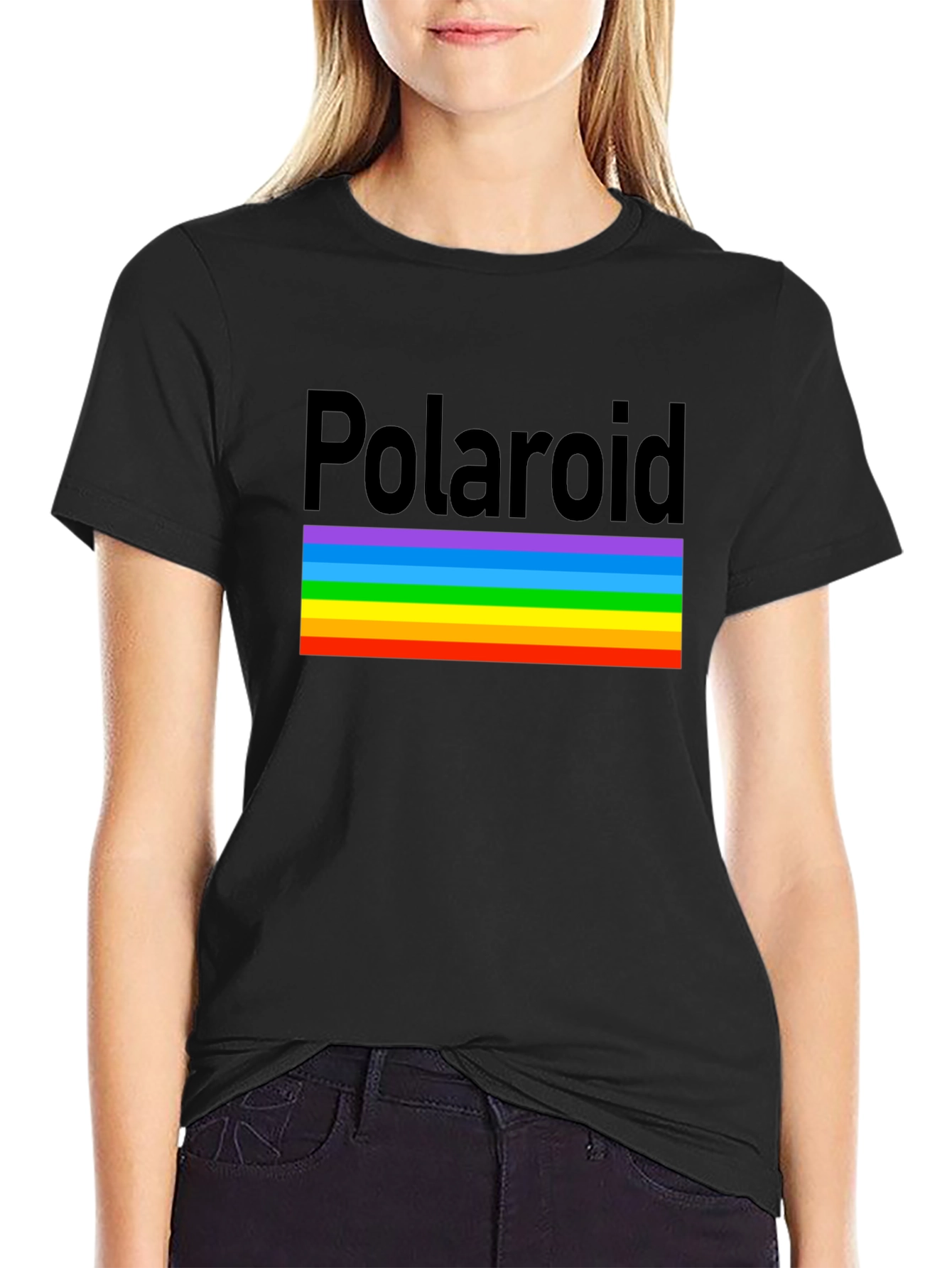 Polaroid Rainbow Stripe Graphic Black T-Shirt