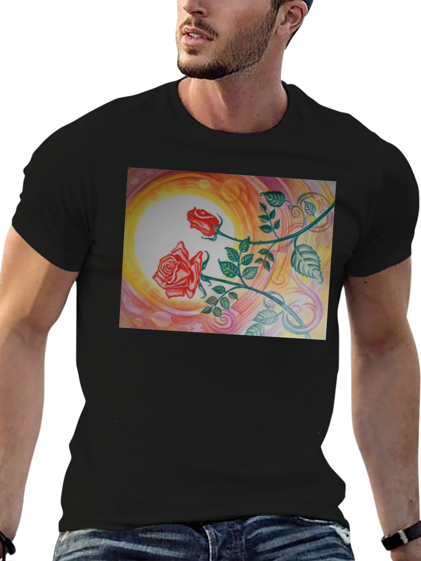 Artistic Rose Graphic Black T-Shirt