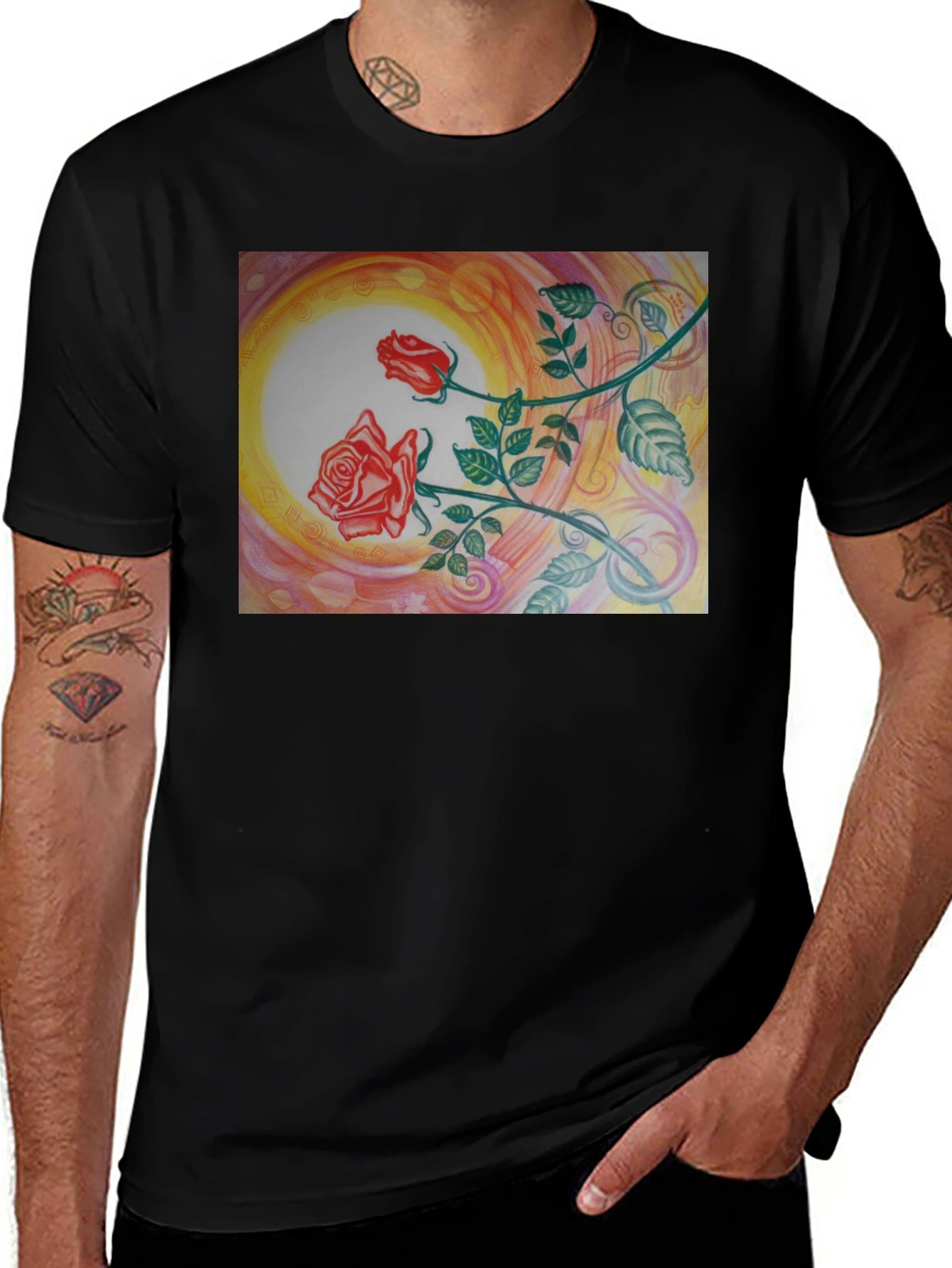 Artistic Rose Graphic Black T-Shirt