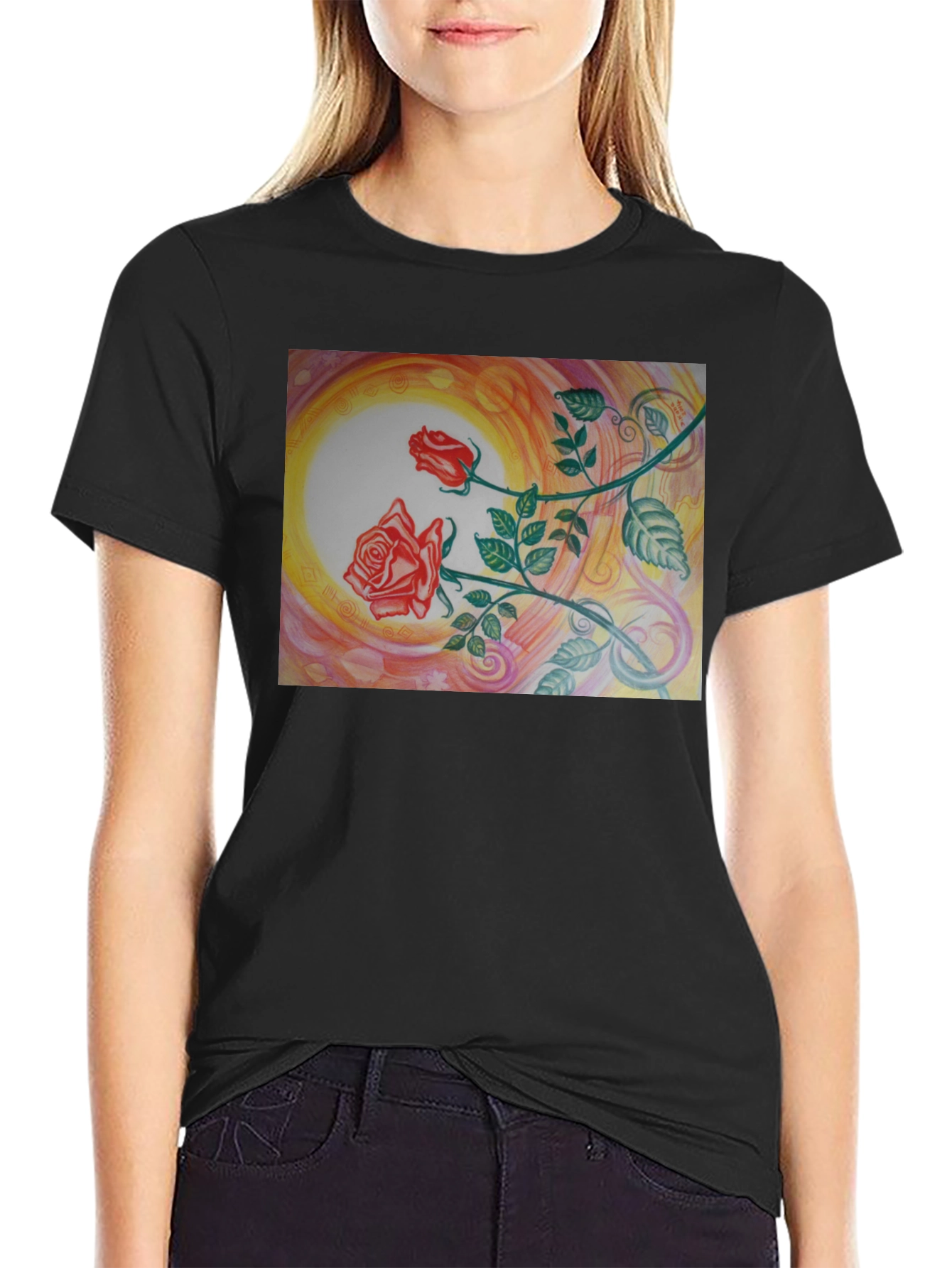Artistic Rose Graphic Black T-Shirt