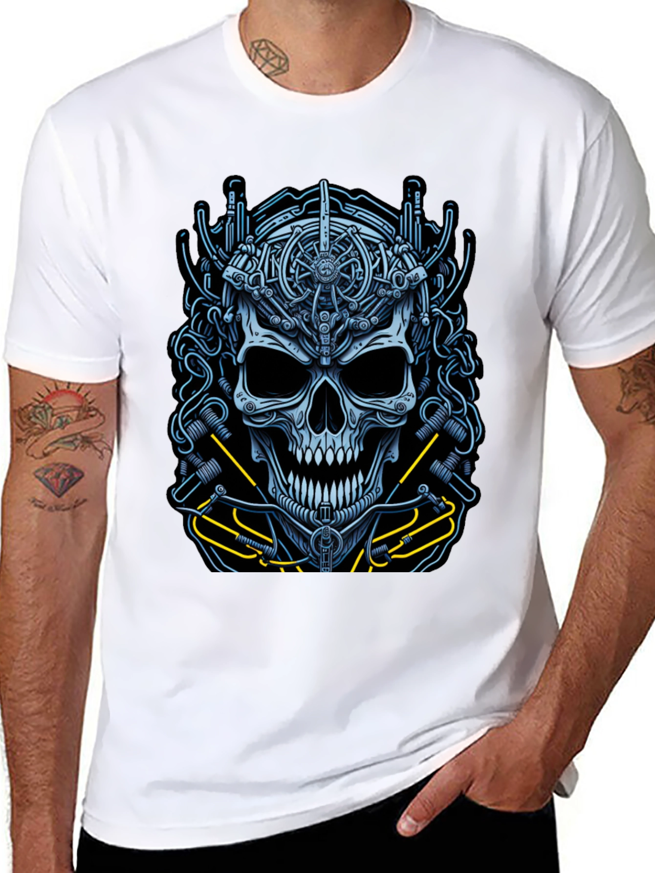 Mechanical Skull Graphic Tee - Cyberpunk Style Shirt