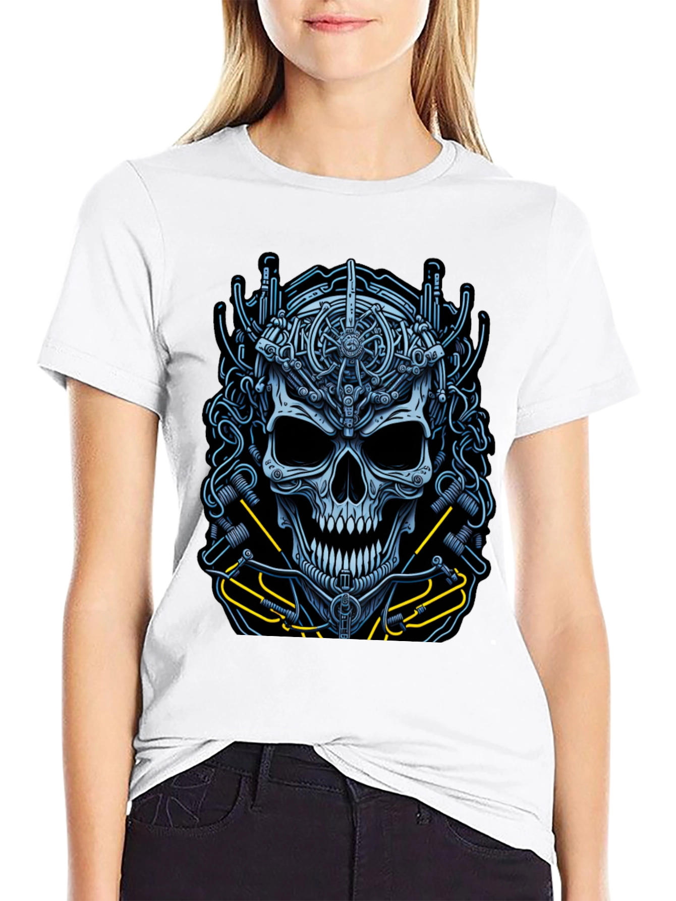 Mechanical Skull Graphic Tee - Cyberpunk Style Shirt
