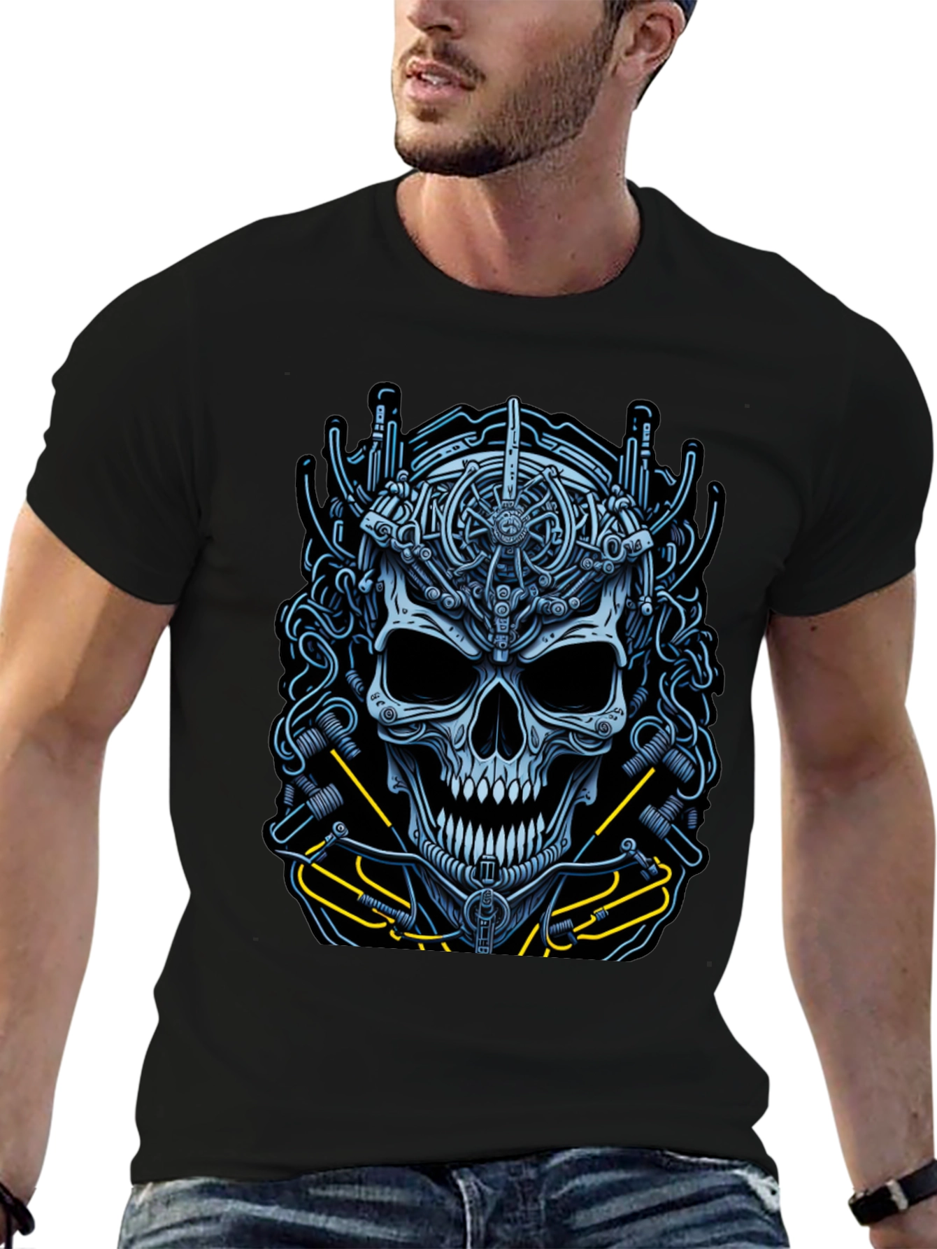 Mechanical Skull Graphic Tee - Cyberpunk Style Shirt