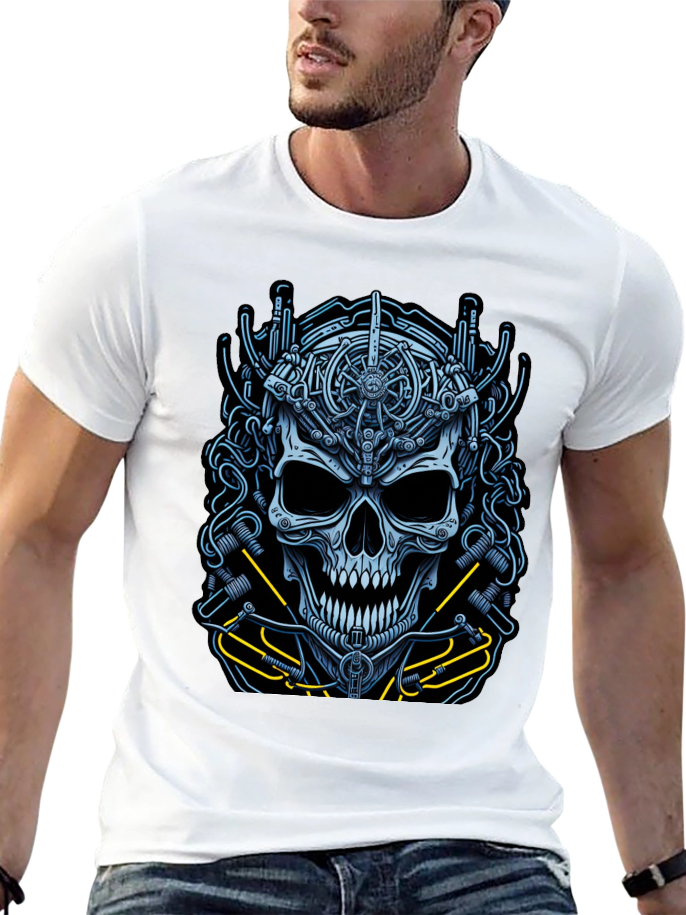 Mechanical Skull Graphic Tee - Cyberpunk Style Shirt