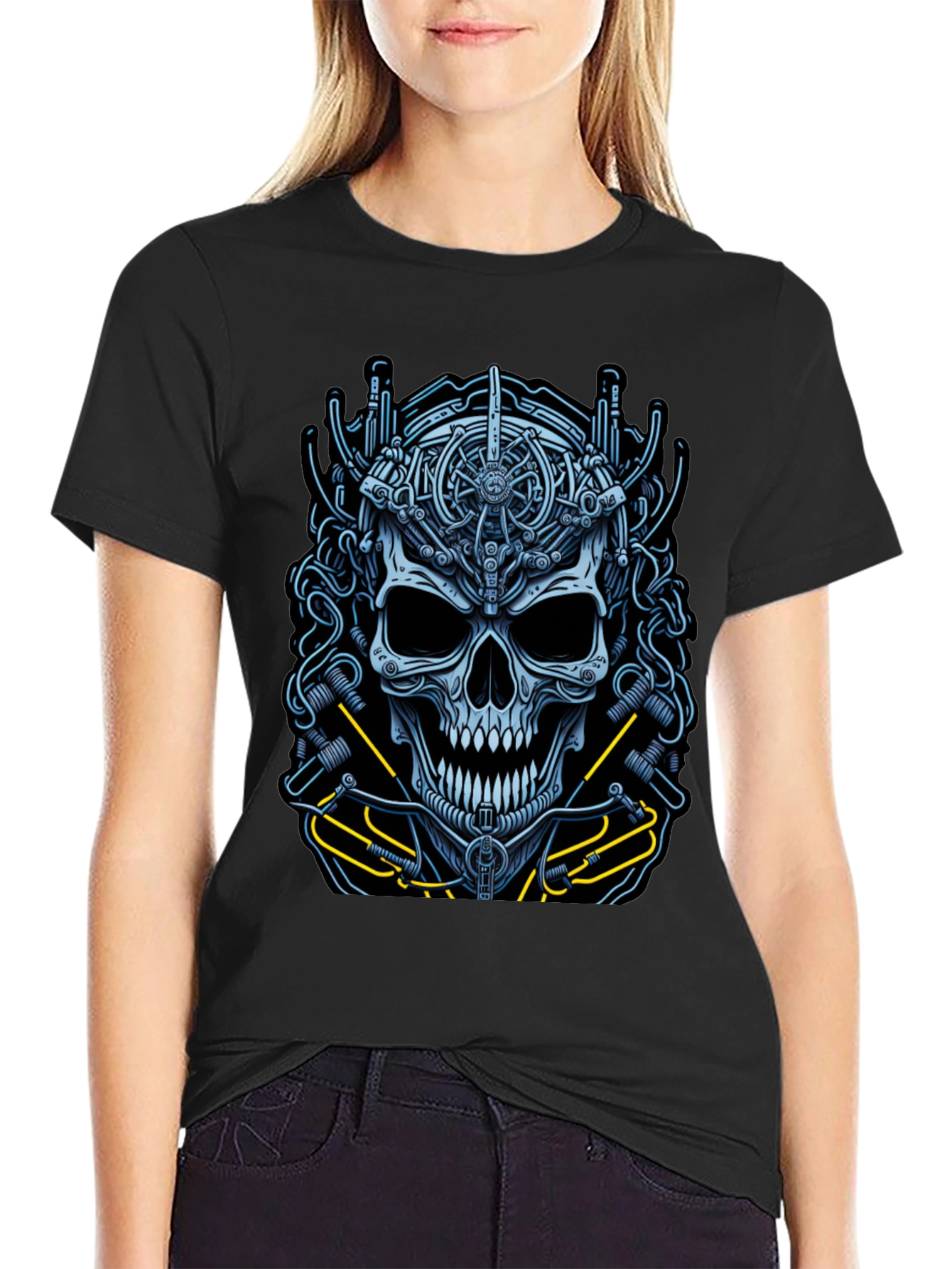 Mechanical Skull Graphic Tee - Cyberpunk Style Shirt