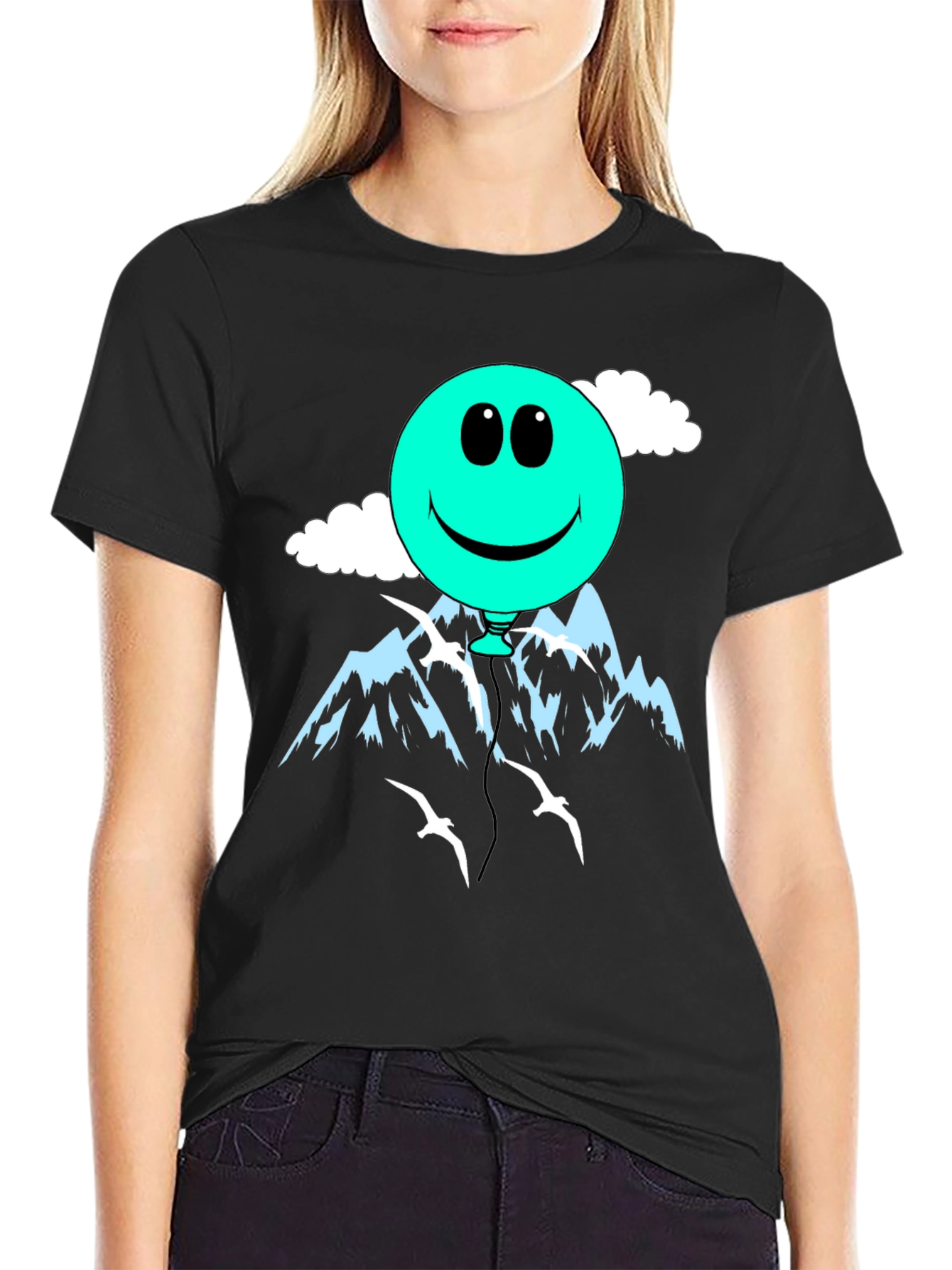 Smiley Balloon Graphic Tee - Black Cotton T-Shirt