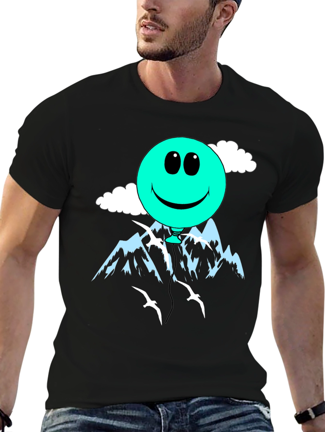 Smiley Balloon Graphic Tee - Black Cotton T-Shirt