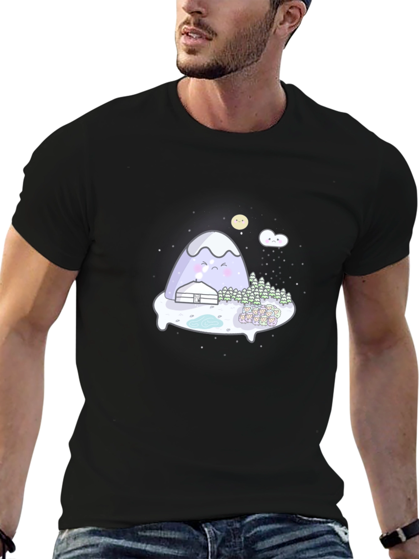Cute Mountain Graphic Tee - Black Cotton T-Shirt