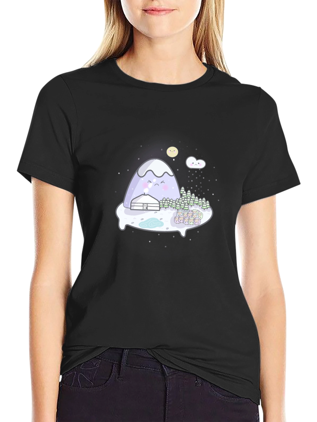 Cute Mountain Graphic Tee - Black Cotton T-Shirt