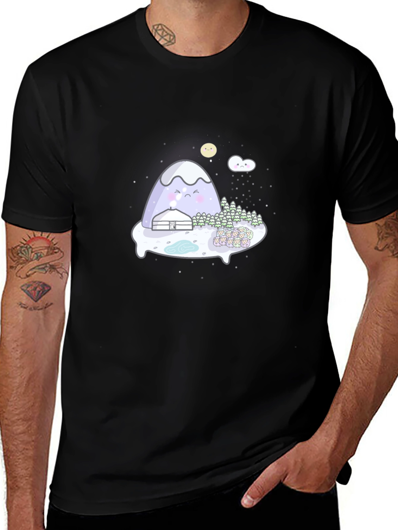 Cute Mountain Graphic Tee - Black Cotton T-Shirt