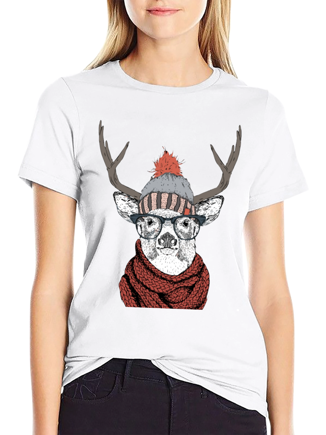 Hipster Deer Graphic Tee - Antler Scarf & Glasses