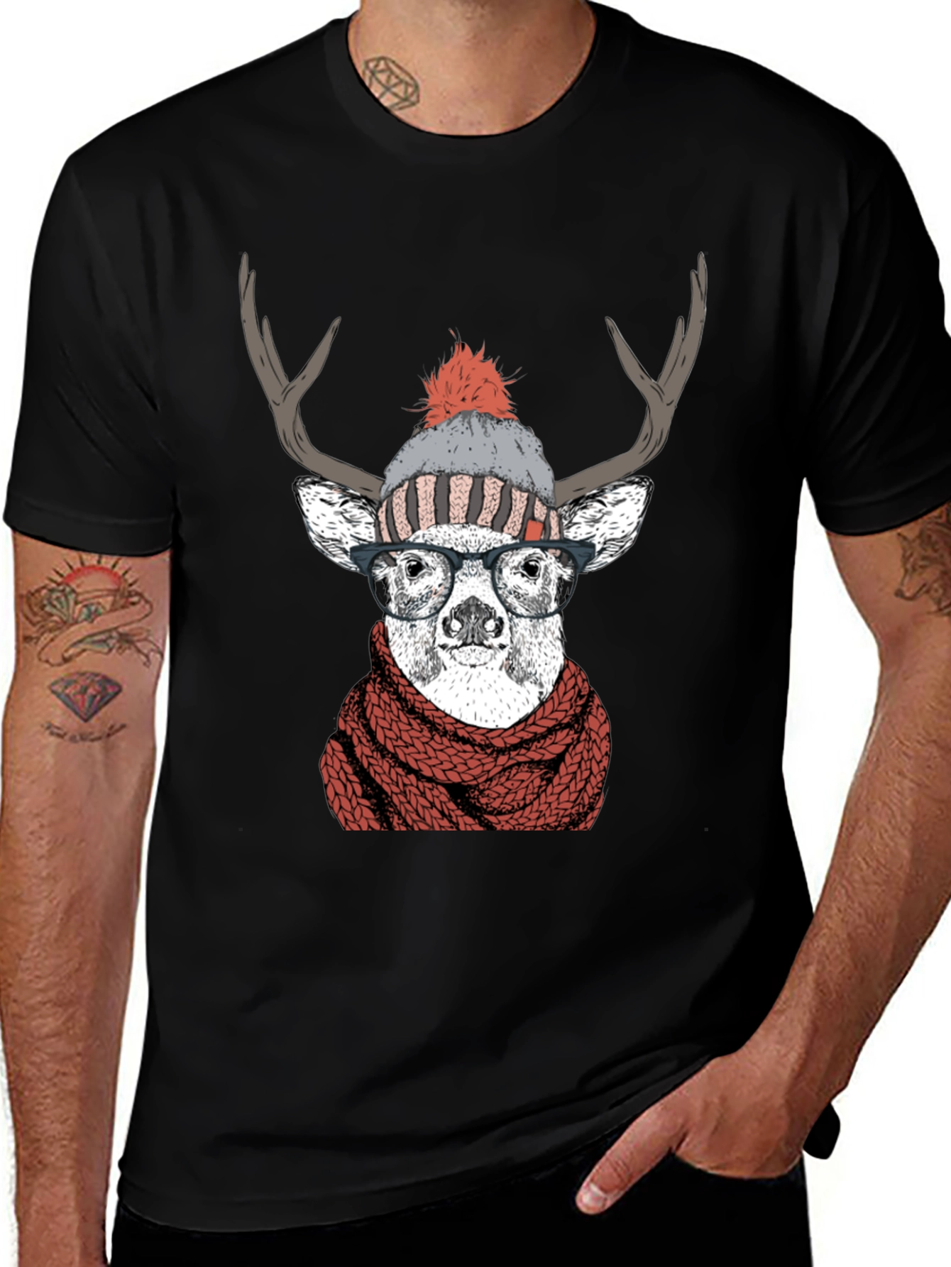 Hipster Deer Graphic Tee - Antler Scarf & Glasses