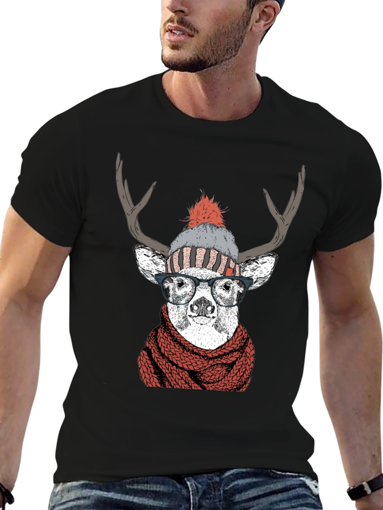 Hipster Deer Graphic Tee - Antler Scarf & Glasses