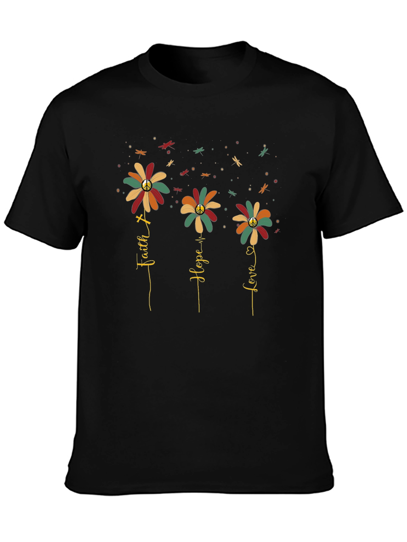 Faith Hope Love Flower Graphic Tee - Black