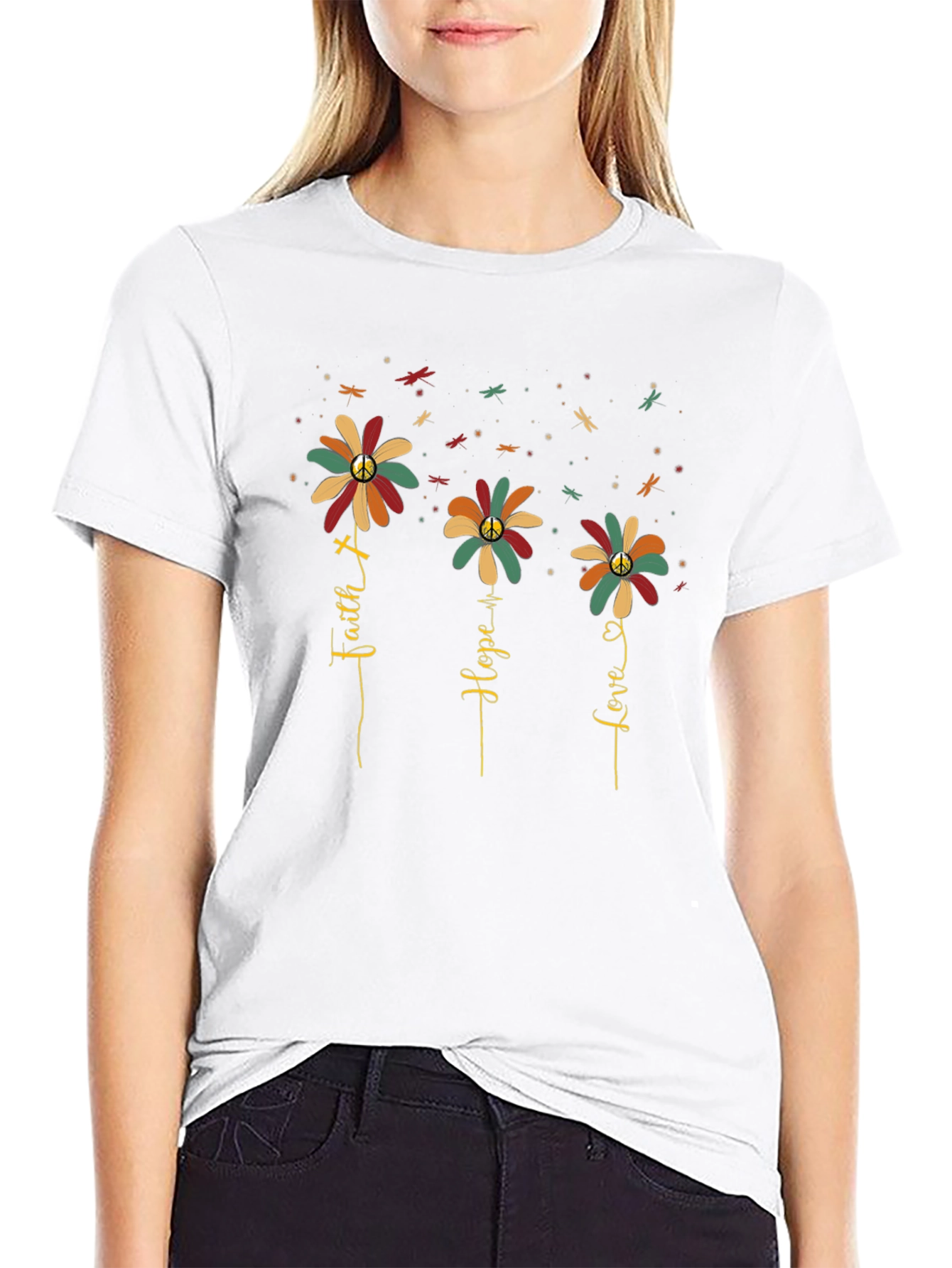 Faith Hope Love Flower Graphic Tee - Black