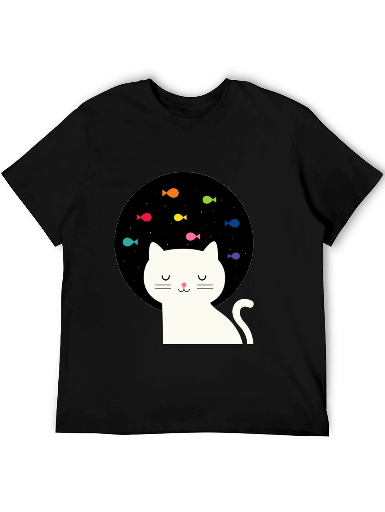 Dreamy Cat Black T-Shirt with Fish Design