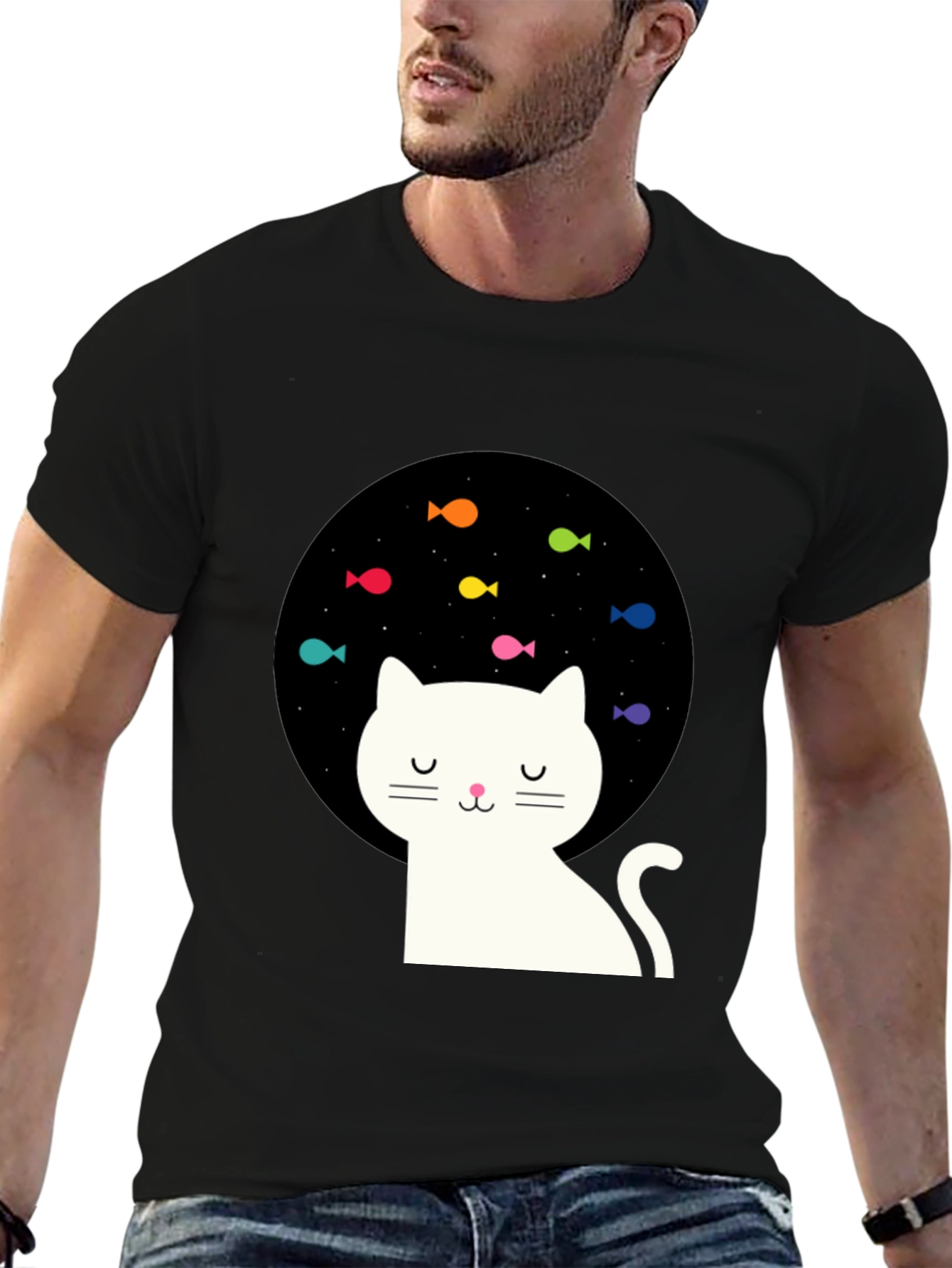Dreamy Cat Black T-Shirt with Fish Design
