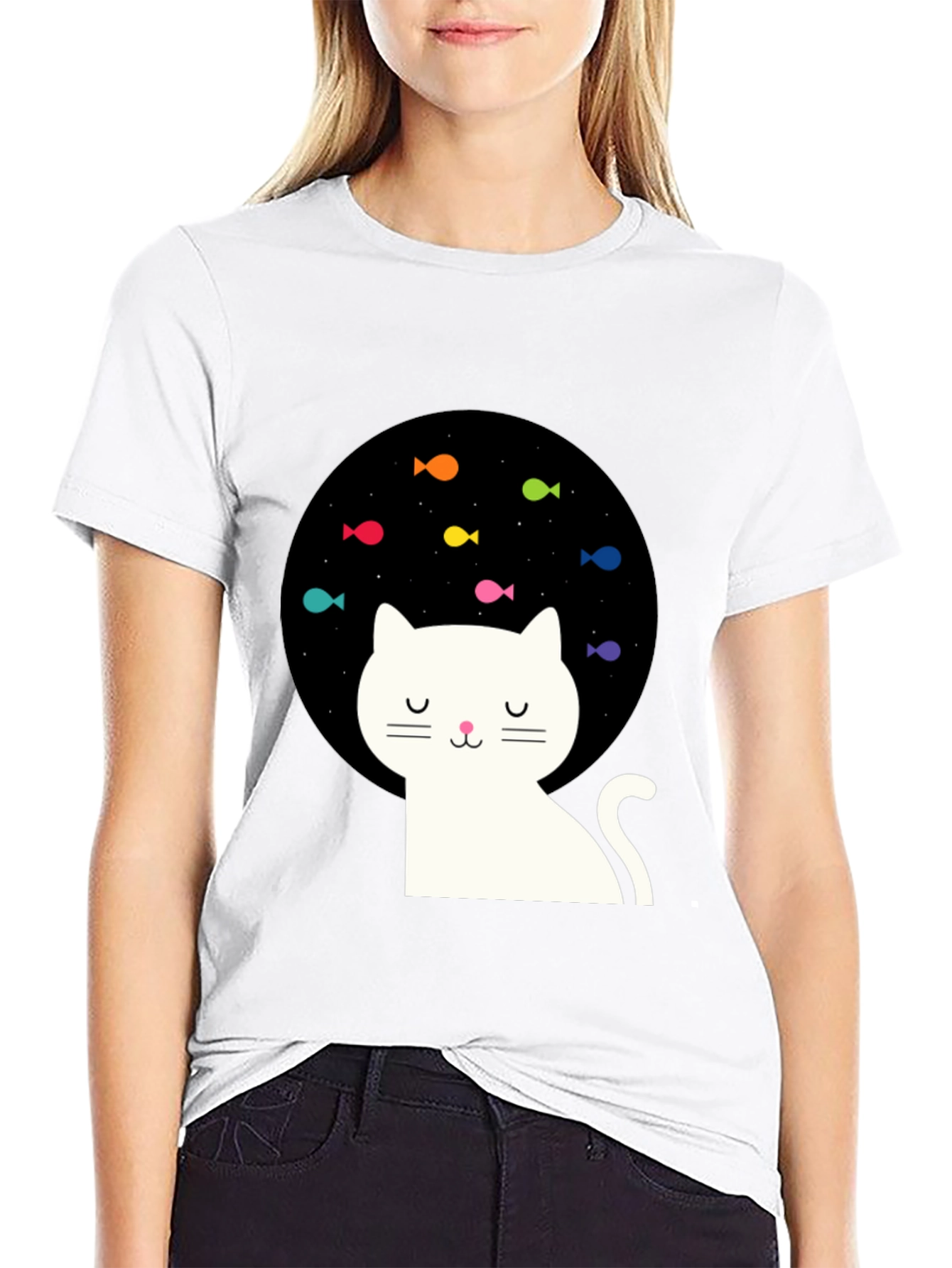 Dreamy Cat Black T-Shirt with Fish Design