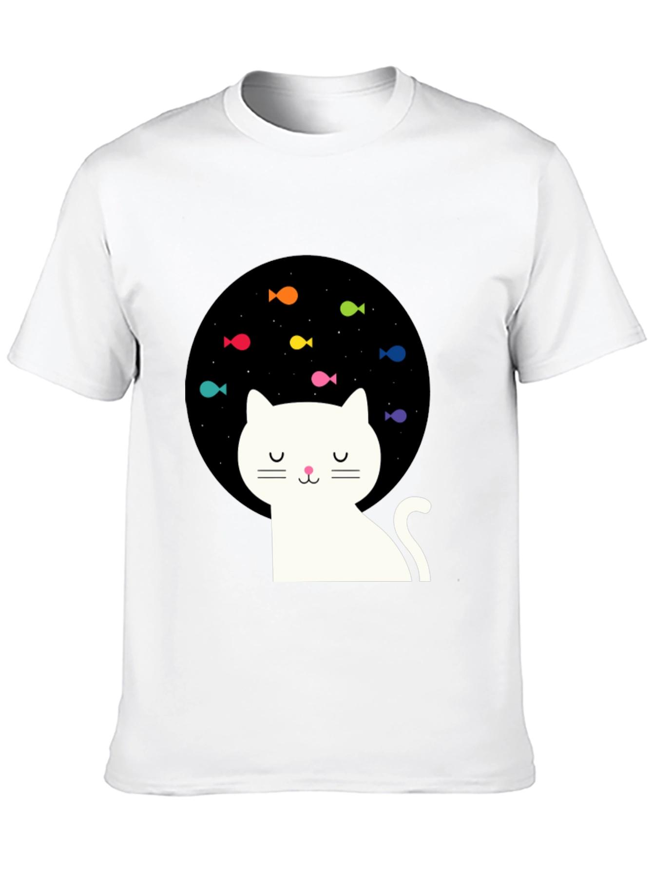 Dreamy Cat Black T-Shirt with Fish Design
