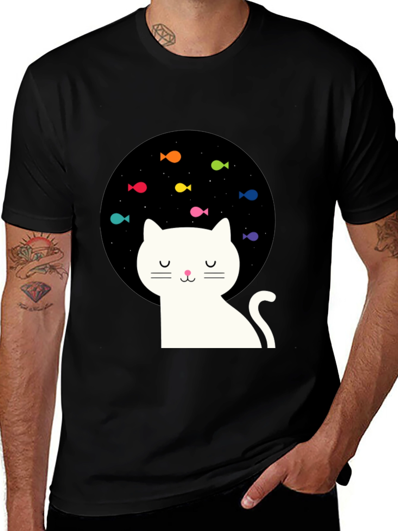 Dreamy Cat Black T-Shirt with Fish Design