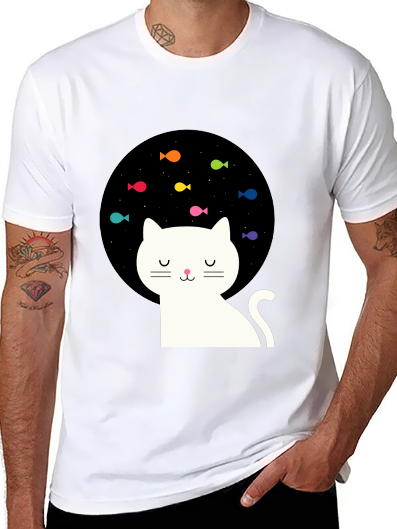 Dreamy Cat Black T-Shirt with Fish Design