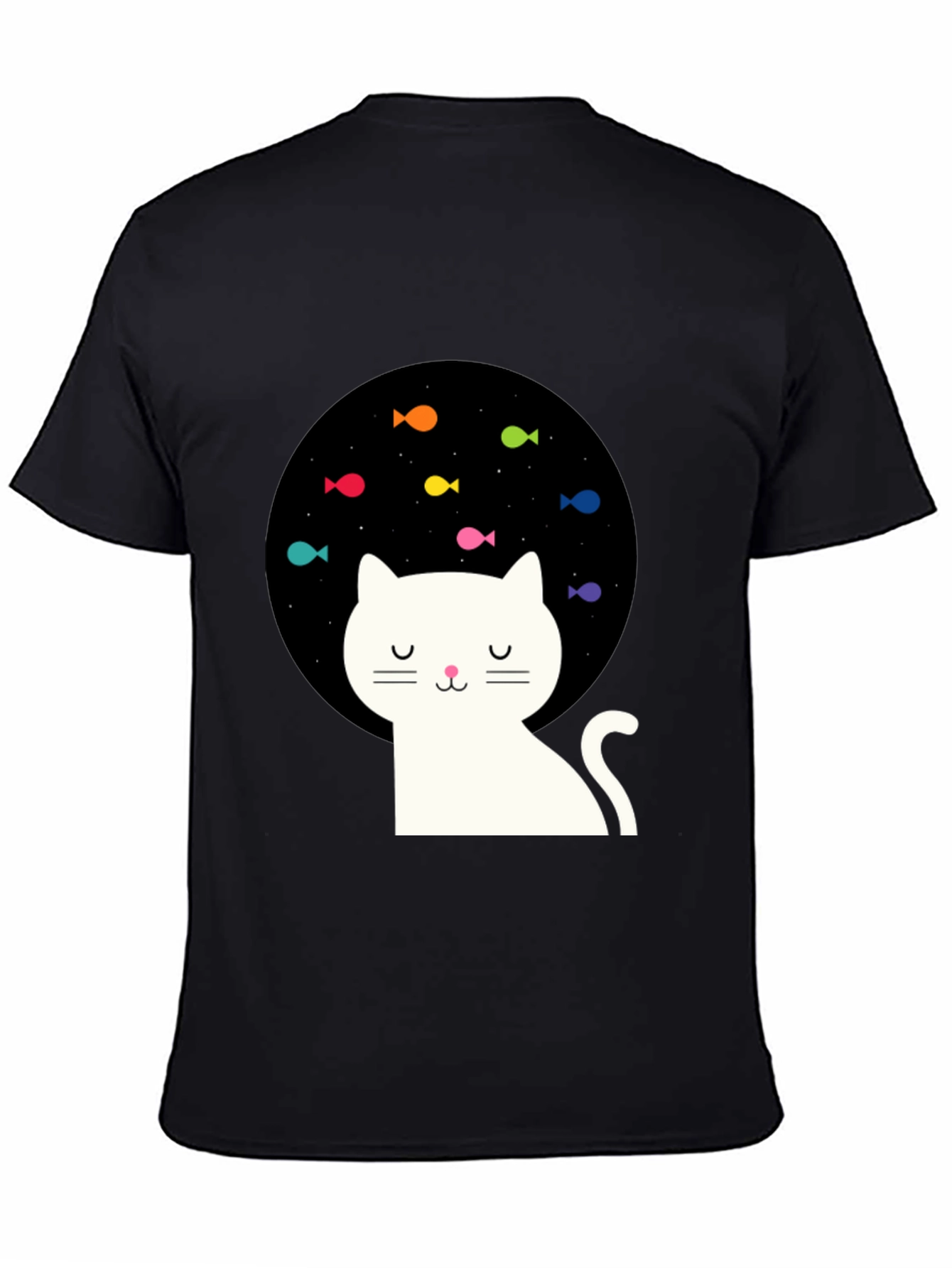Dreamy Cat Black T-Shirt with Fish Design