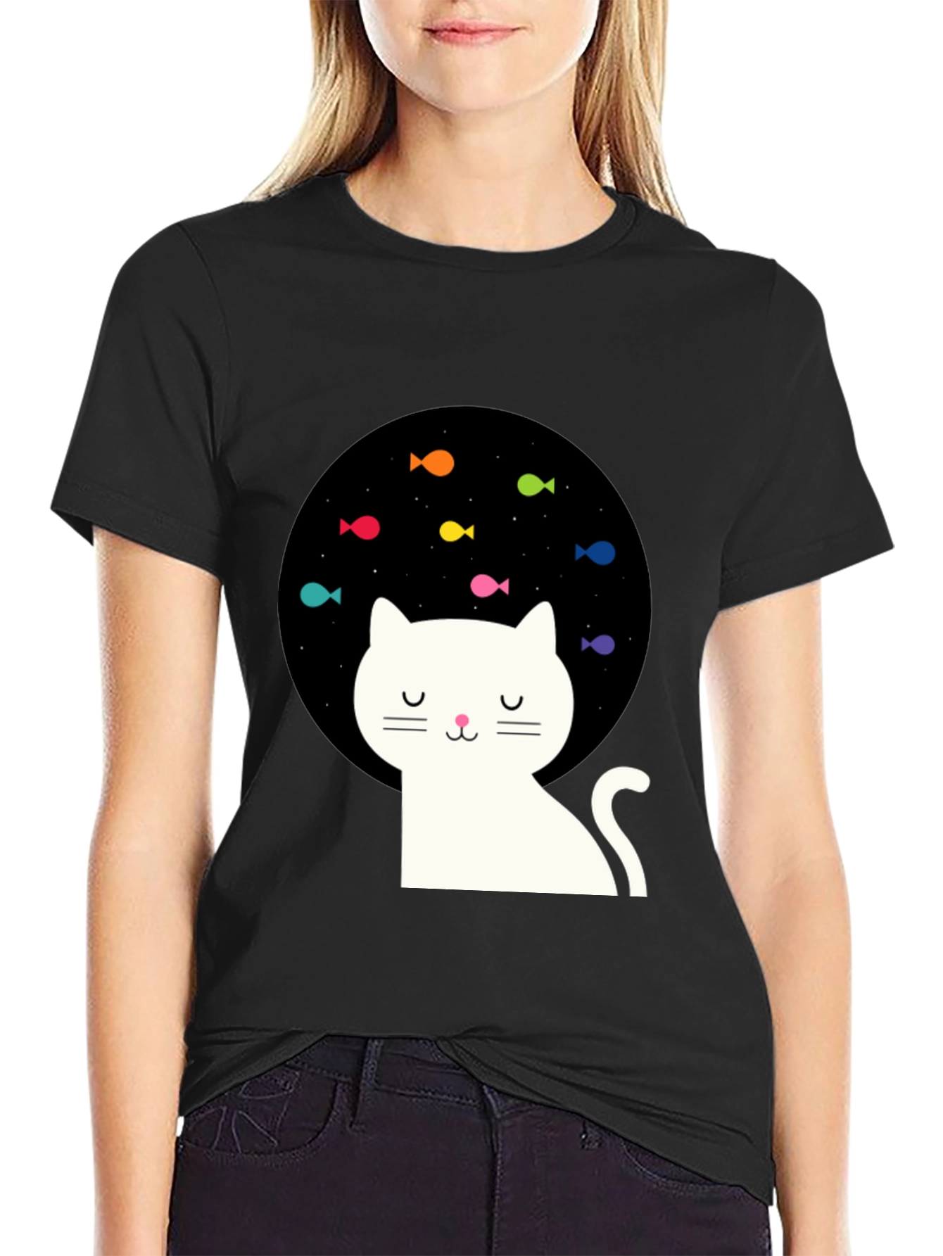 Dreamy Cat Black T-Shirt with Fish Design