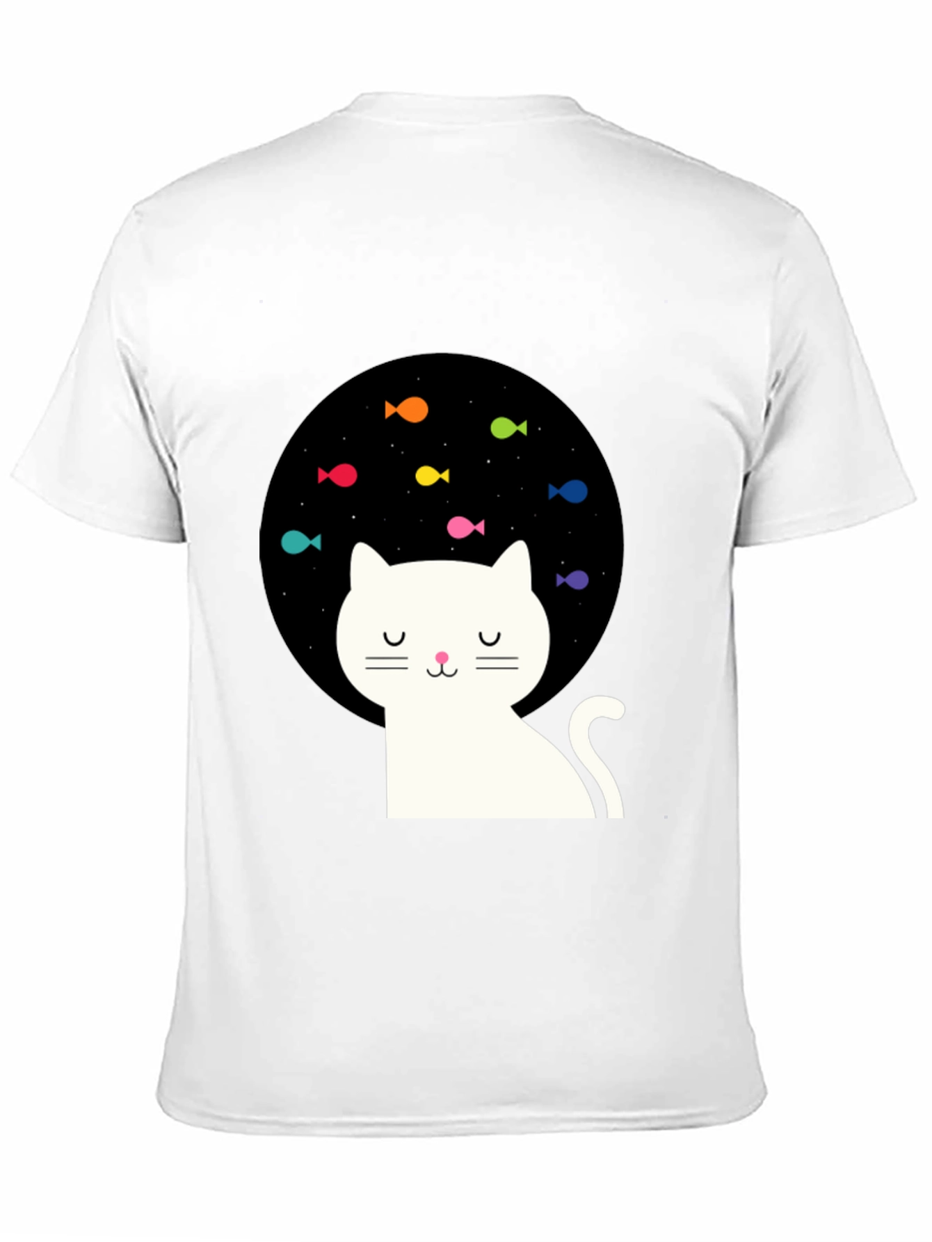 Dreamy Cat Black T-Shirt with Fish Design
