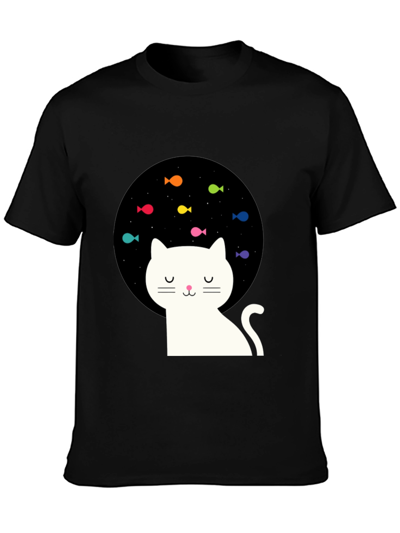Dreamy Cat Black T-Shirt with Fish Design