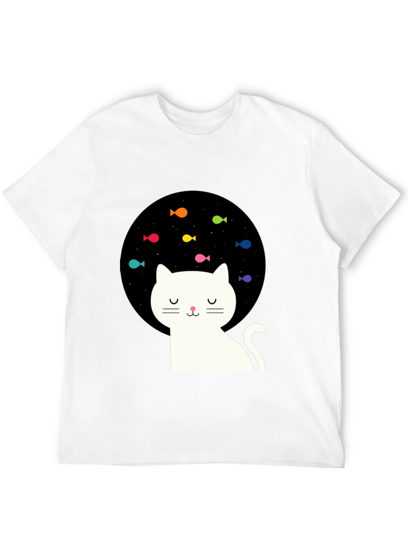 Dreamy Cat Black T-Shirt with Fish Design