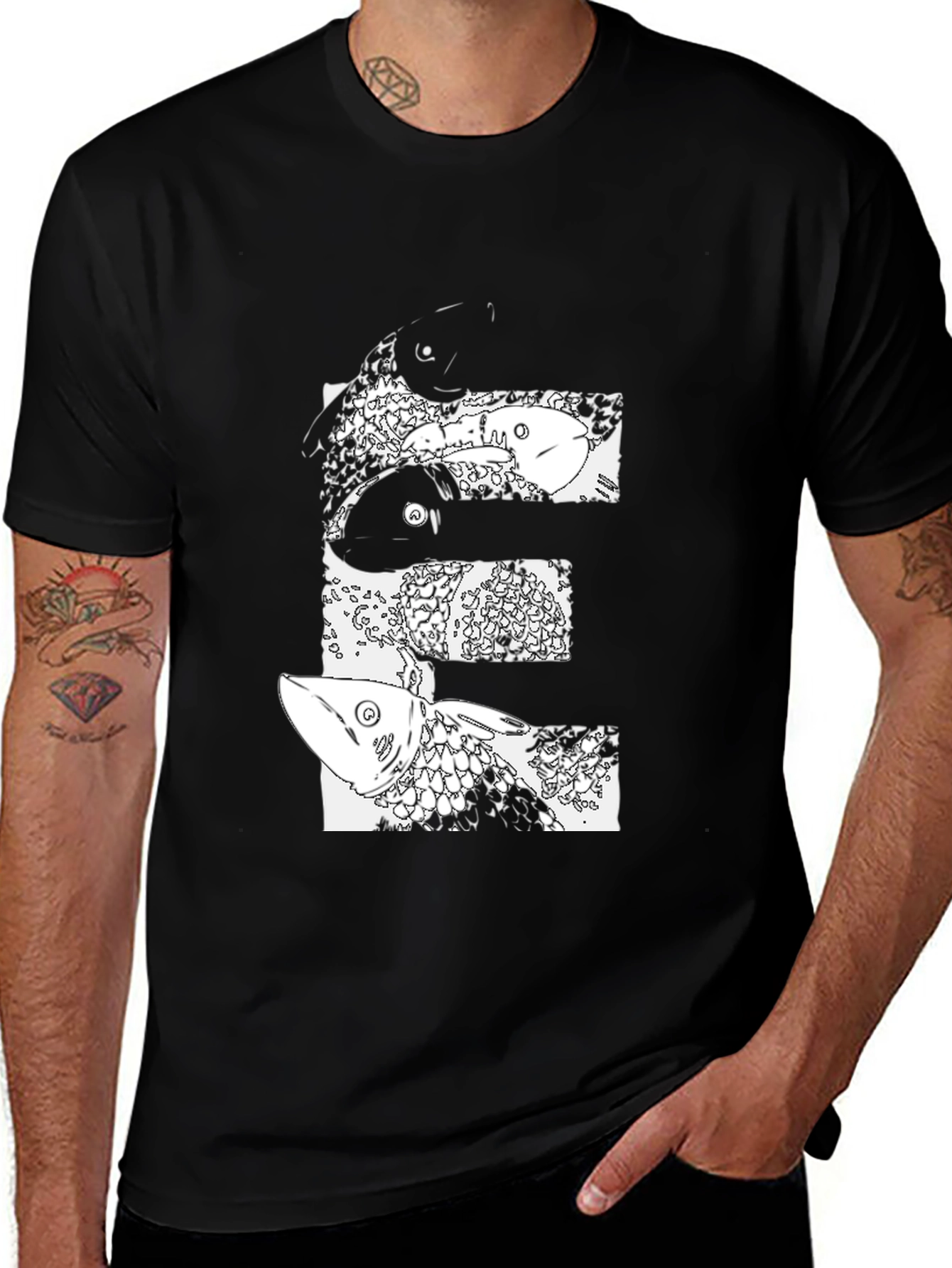 Abstract Fish Graphic Black T-Shirt
