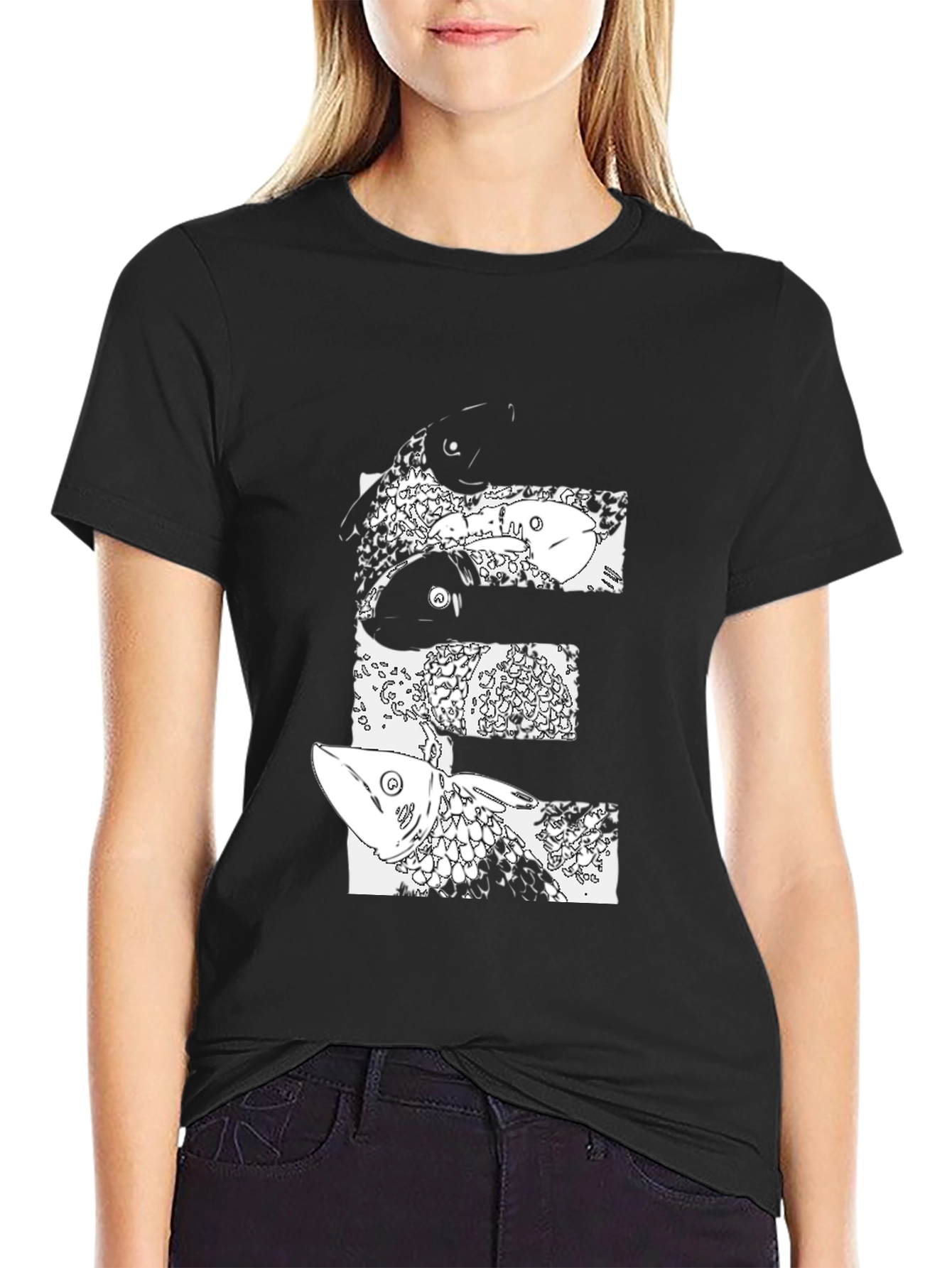 Abstract Fish Graphic Black T-Shirt