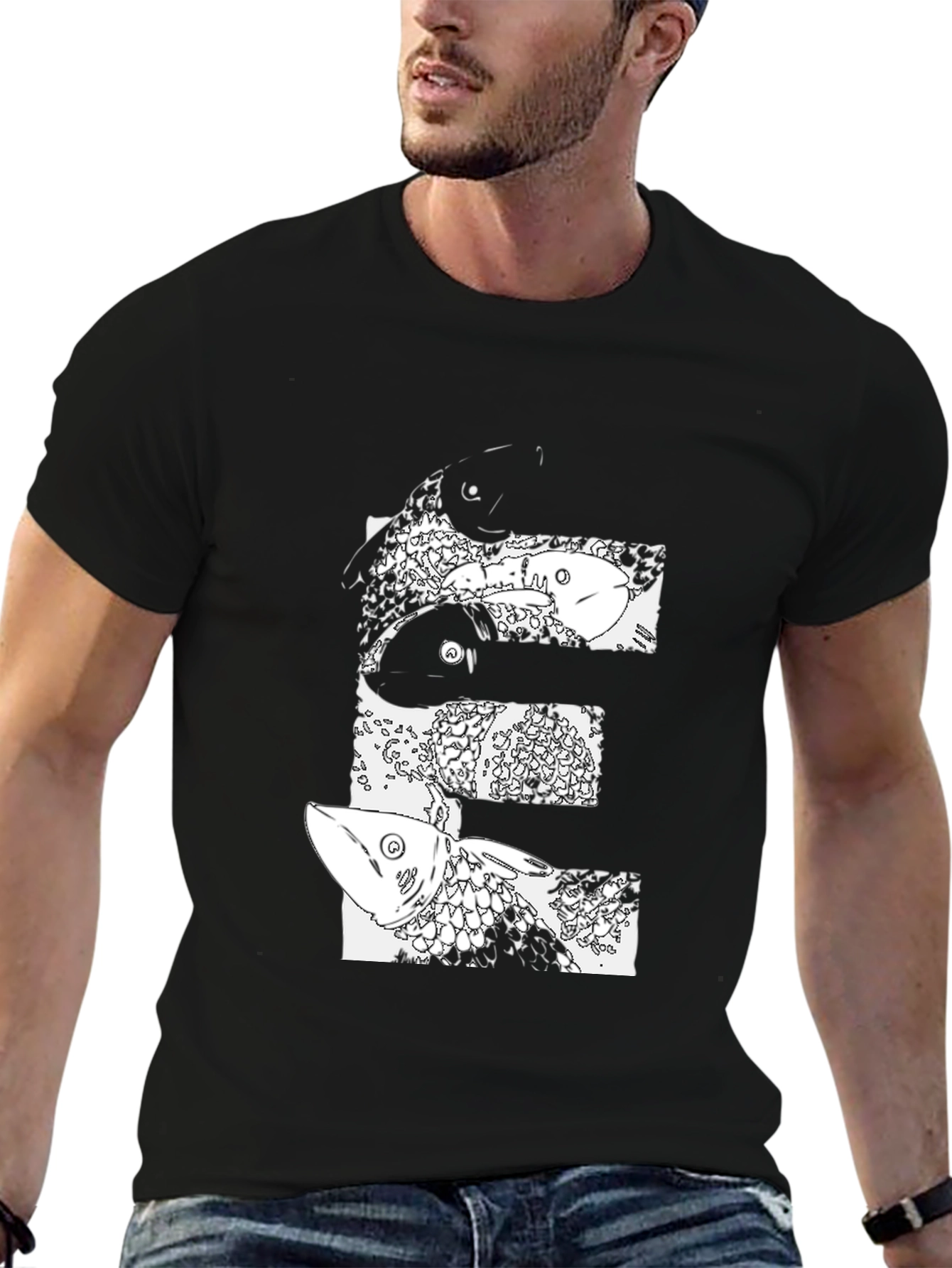 Abstract Fish Graphic Black T-Shirt