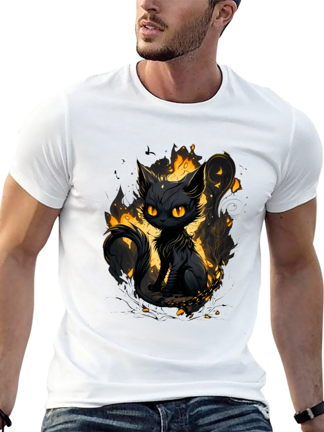 Mystic Cat Graphic Tee - Black Cotton T-Shirt
