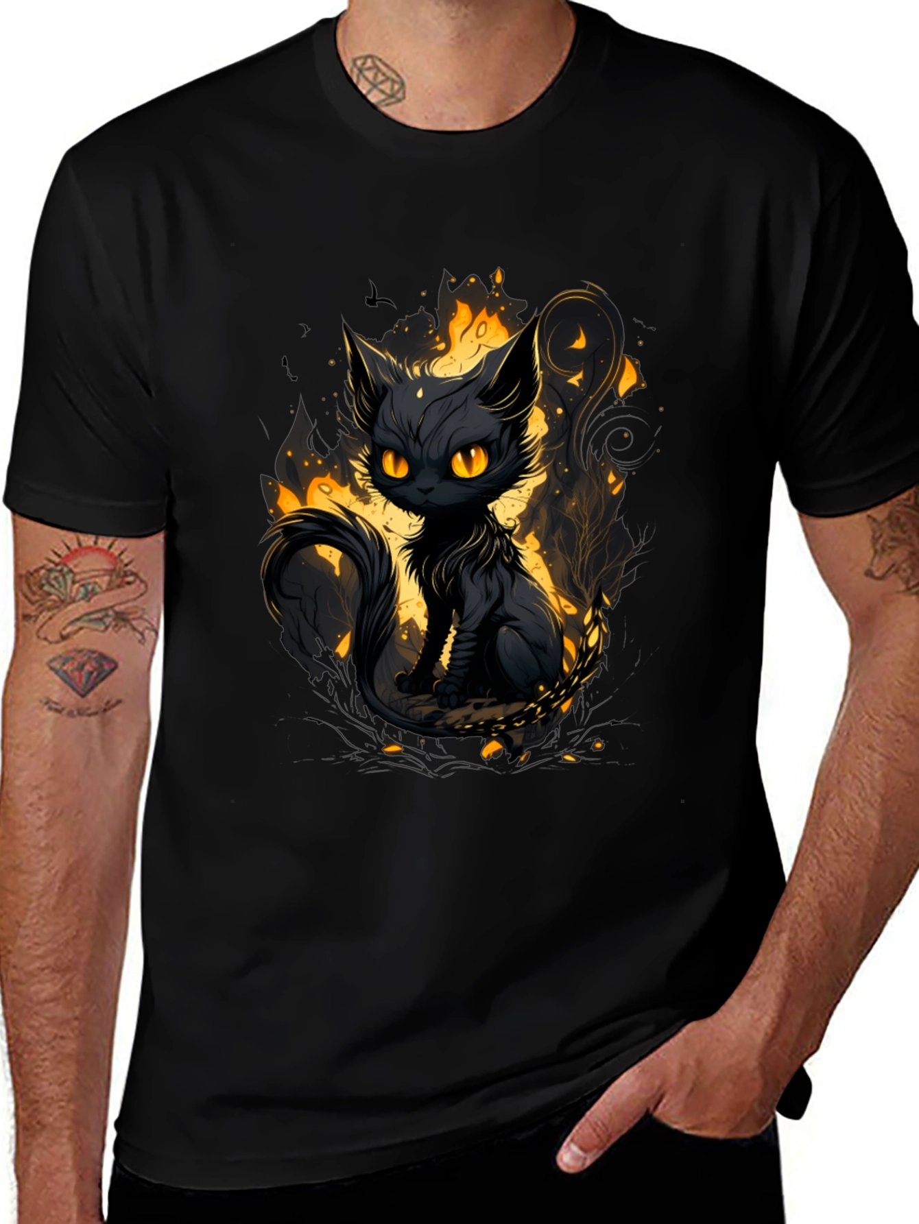 Mystic Cat Graphic Tee - Black Cotton T-Shirt