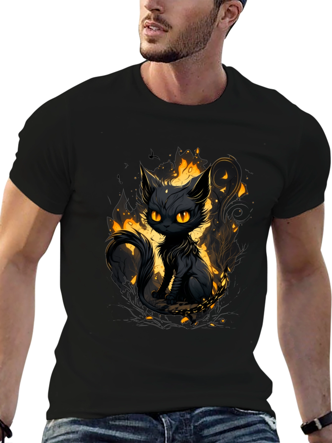 Mystic Cat Graphic Tee - Black Cotton T-Shirt