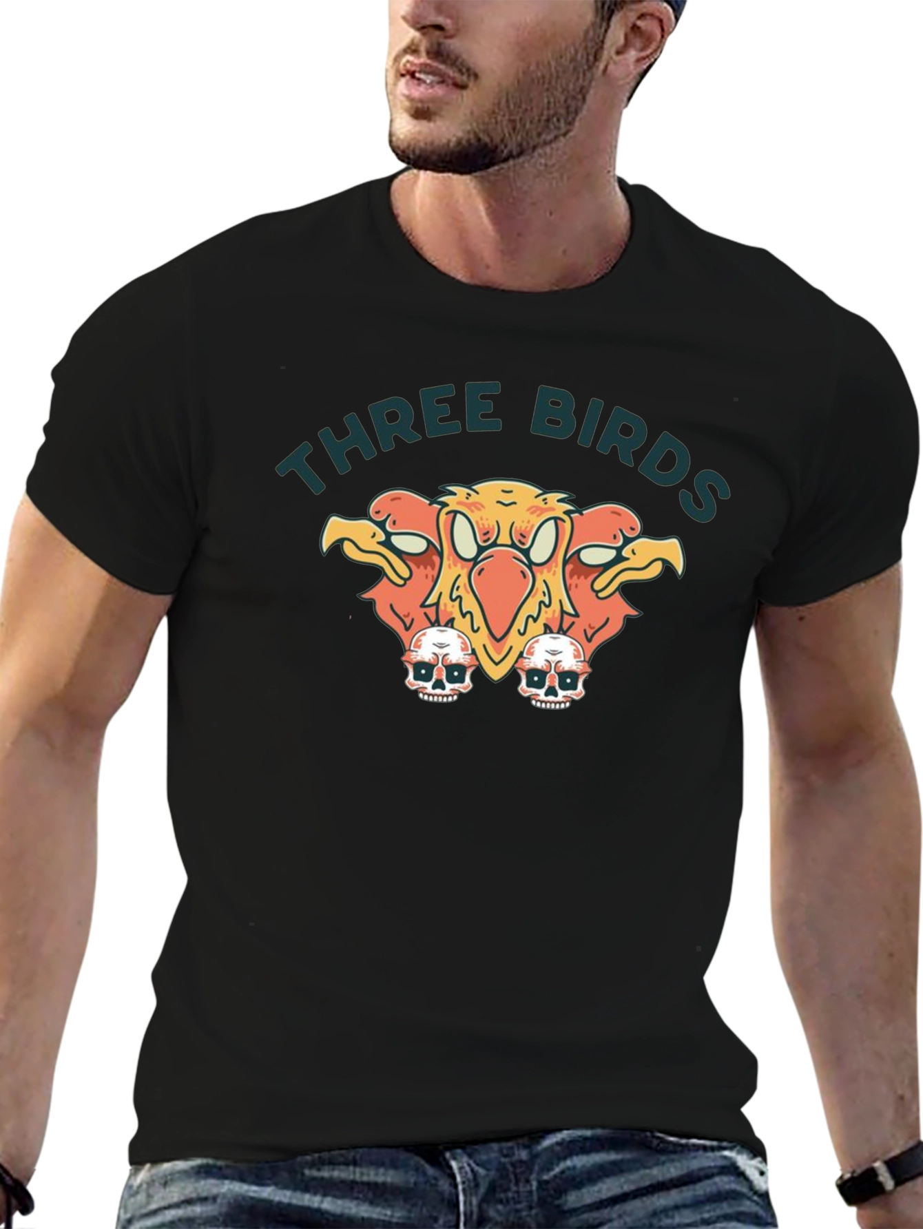 Three Birds Graphic Print Black T-Shirt