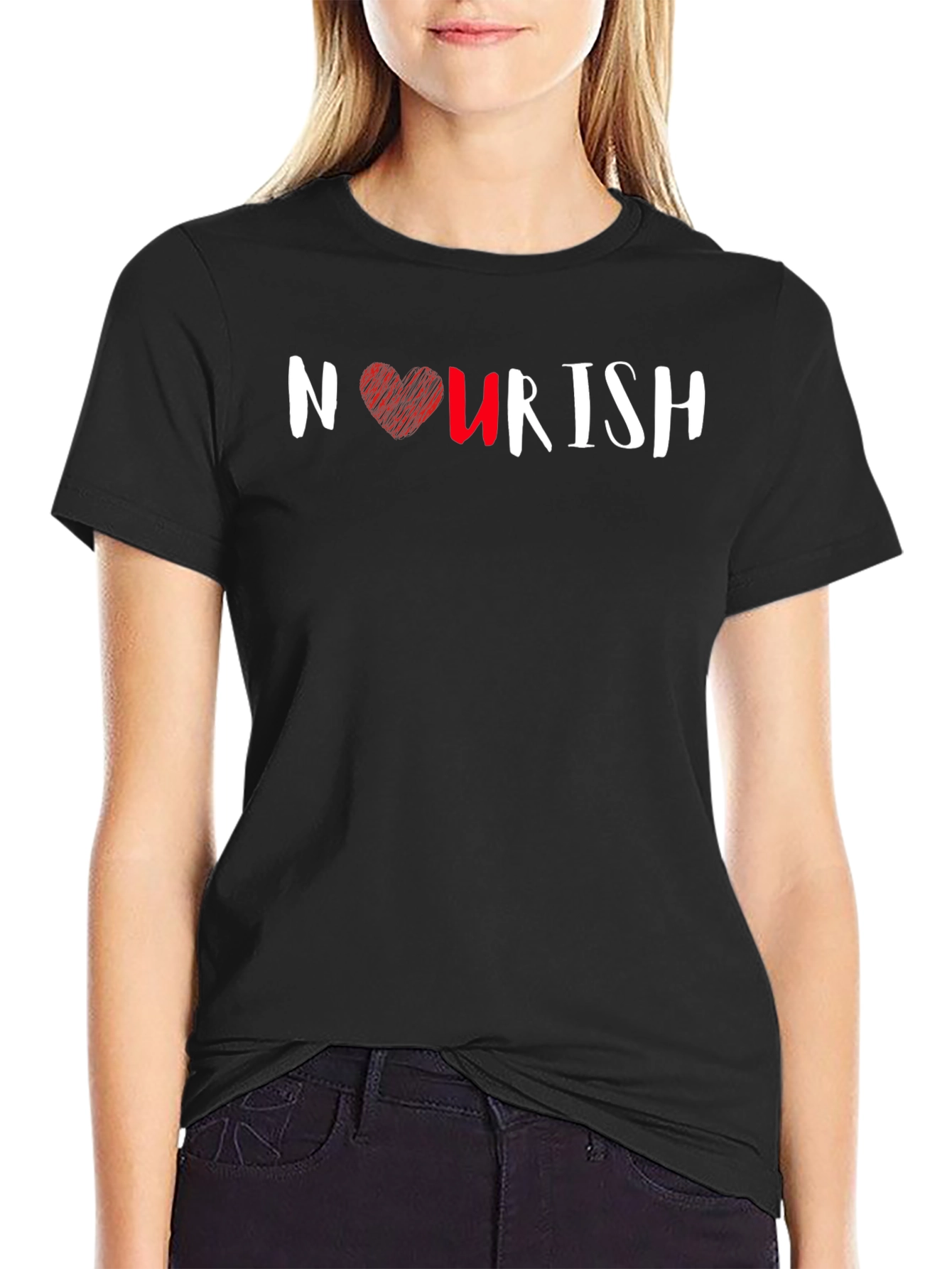 Nourish Black T-Shirt with Heart Design