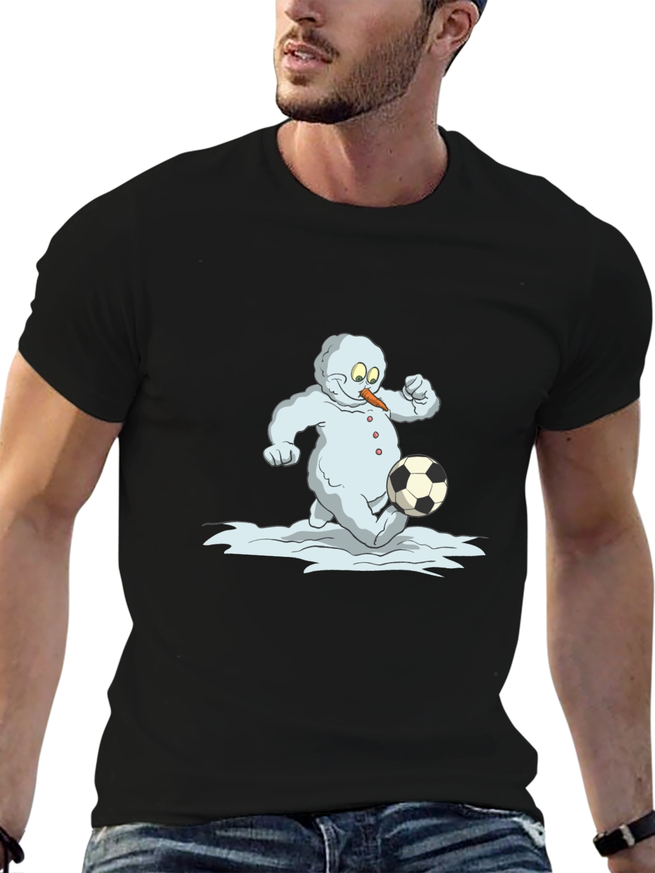 Snowman Soccer T-Shirt - Black Cotton Tee