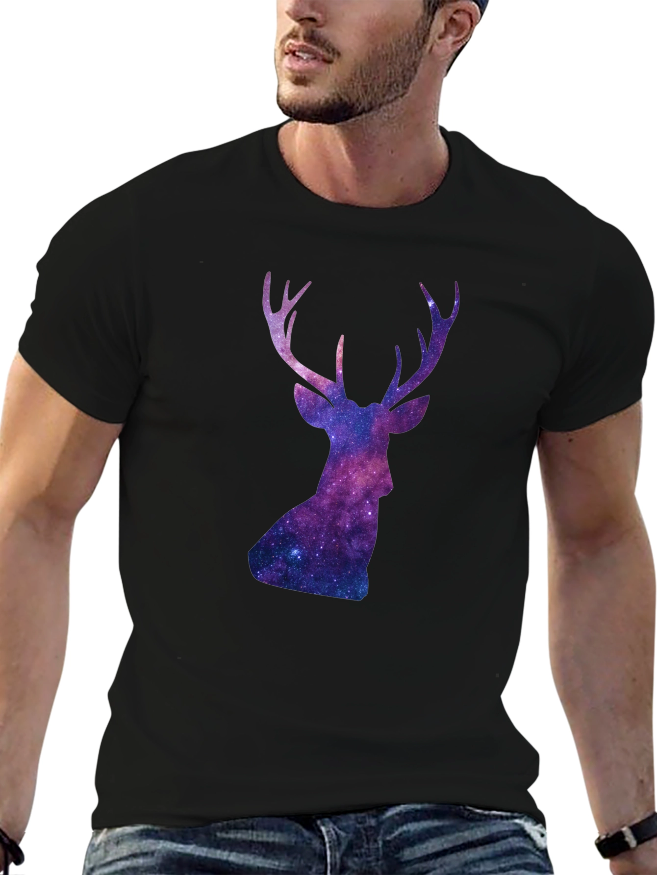 Cosmic Deer Graphic Tee - Black Cotton Blend