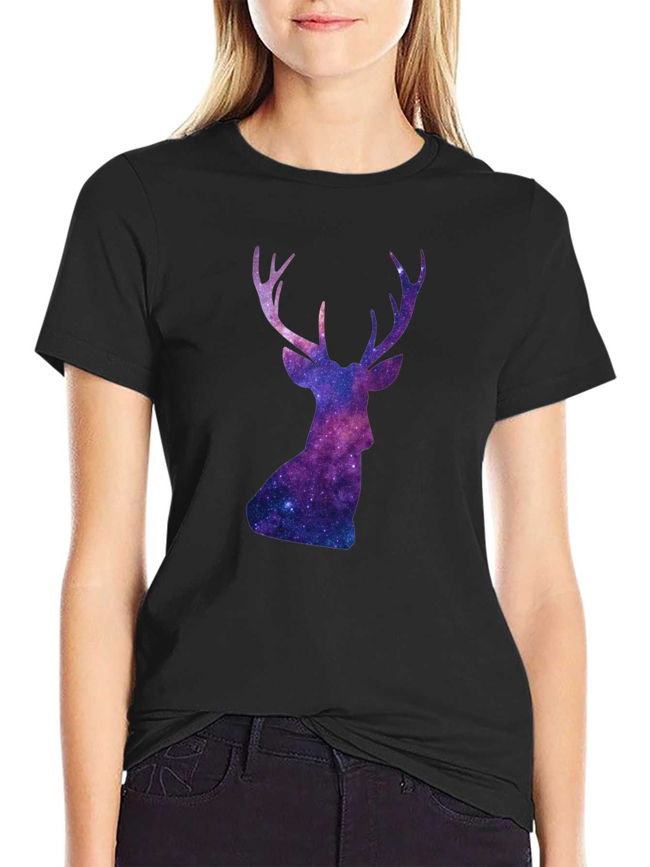 Cosmic Deer Graphic Tee - Black Cotton Blend