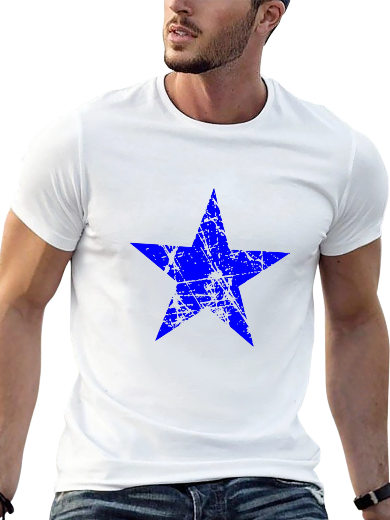 Blue Star Graphic Print Black T-Shirt