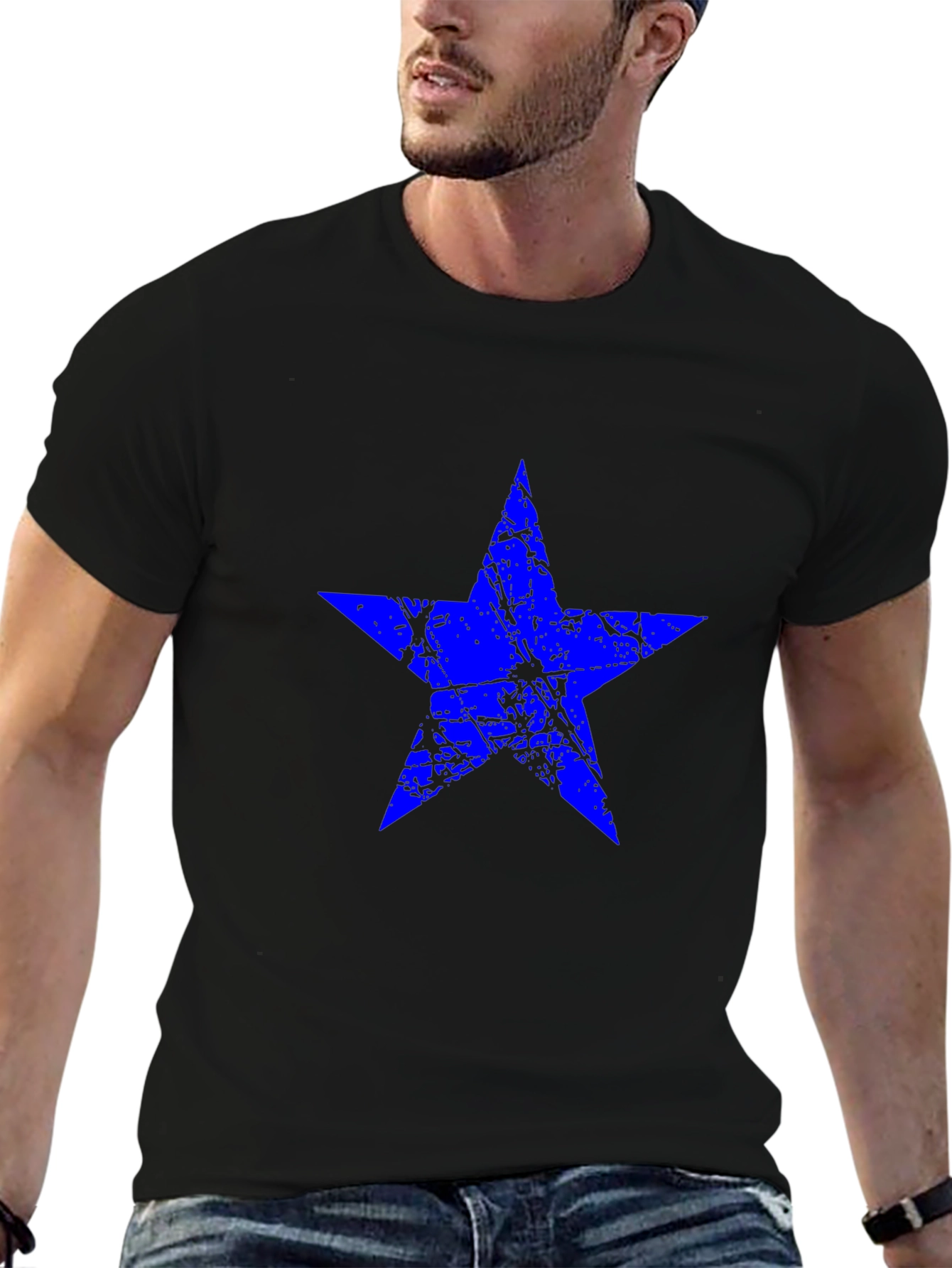Blue Star Graphic Print Black T-Shirt