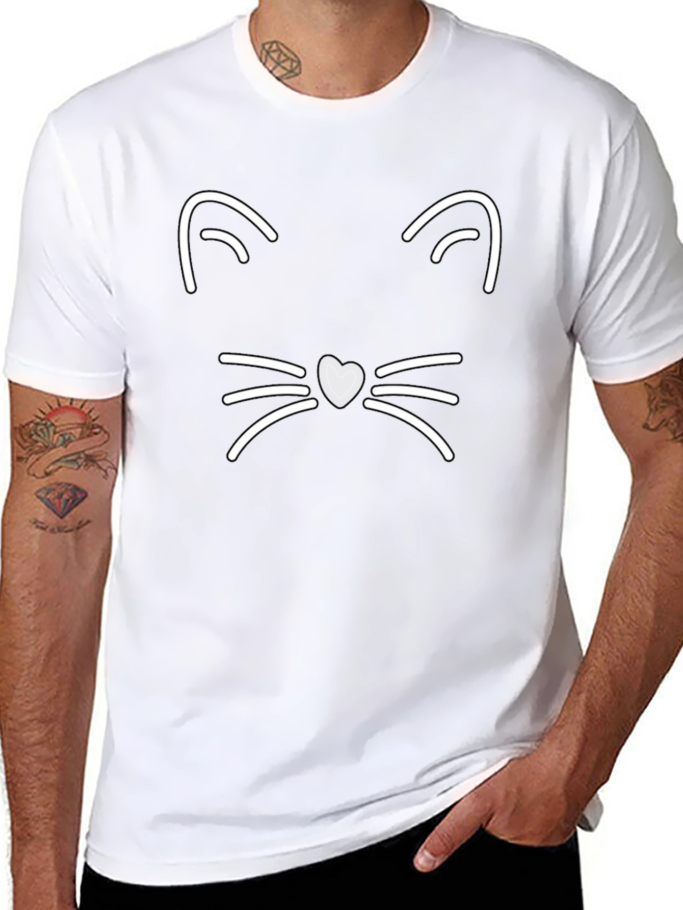 Cute Cat Face Graphic Tee - Black Cotton T-Shirt