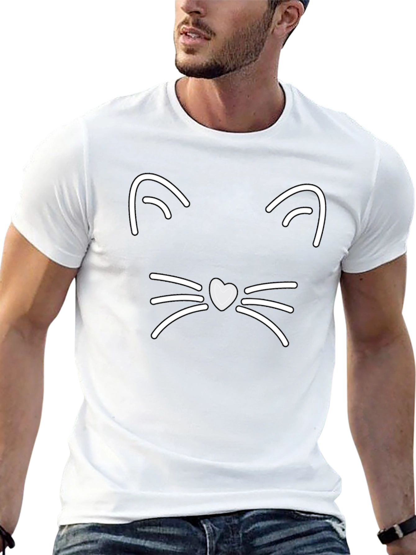 Cute Cat Face Graphic Tee - Black Cotton T-Shirt